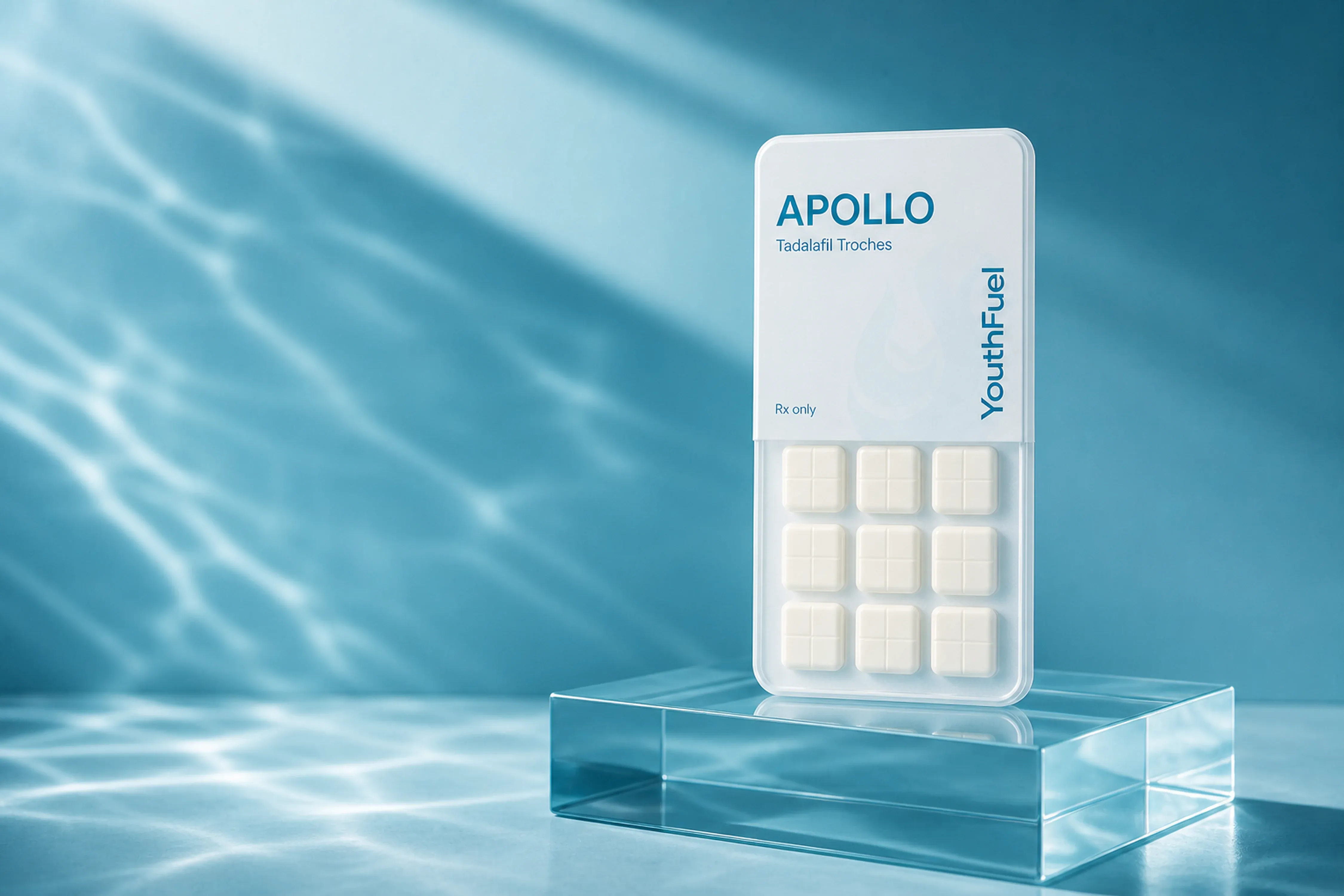 YouthFuel Apollo (Tadalafil) tadalafil troche case on a clear pedestal with aqua light.