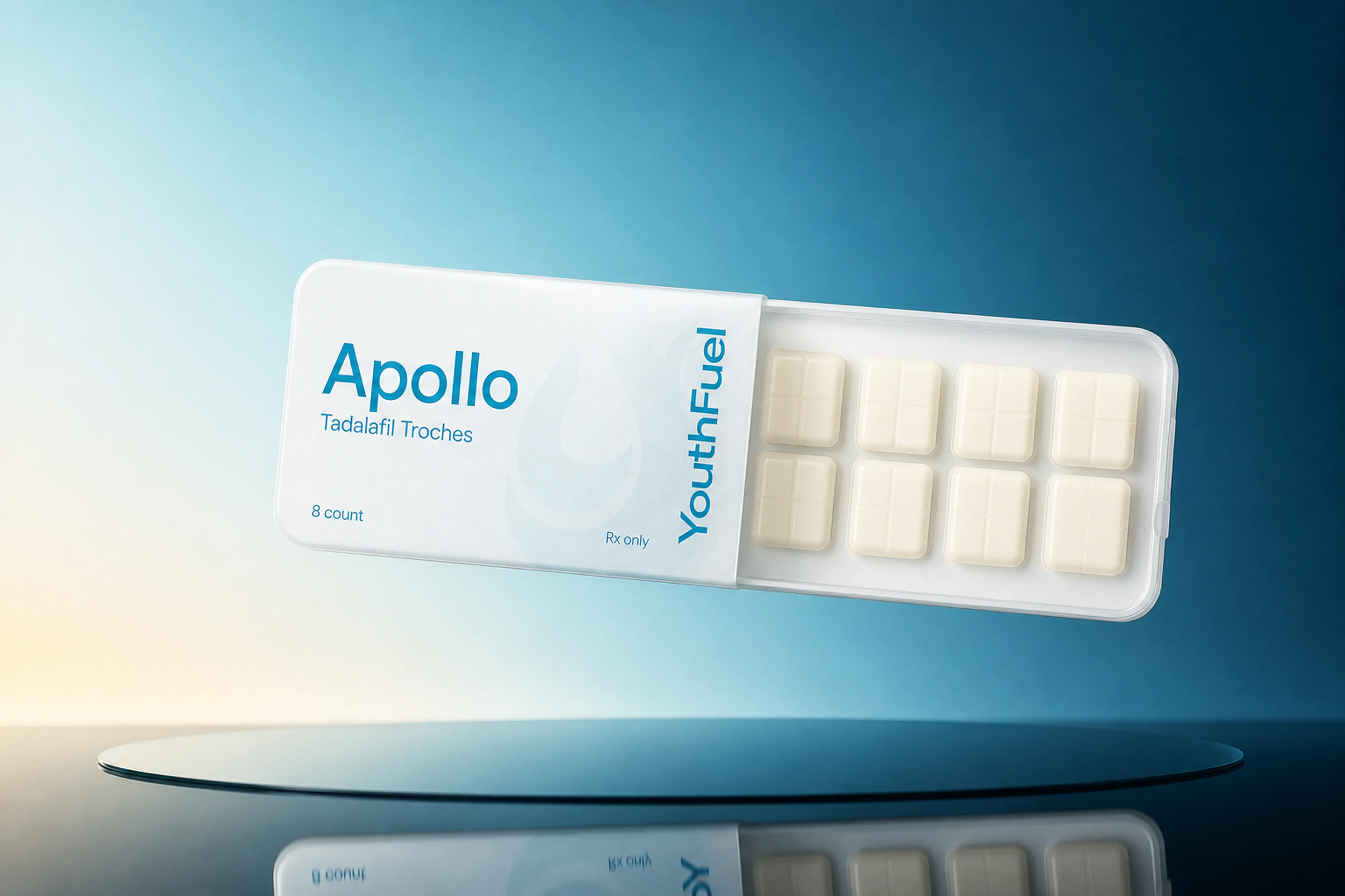 YouthFuel Apollo (Tadalafil) tadalafil troche case floating over a reflective blue studio surface.