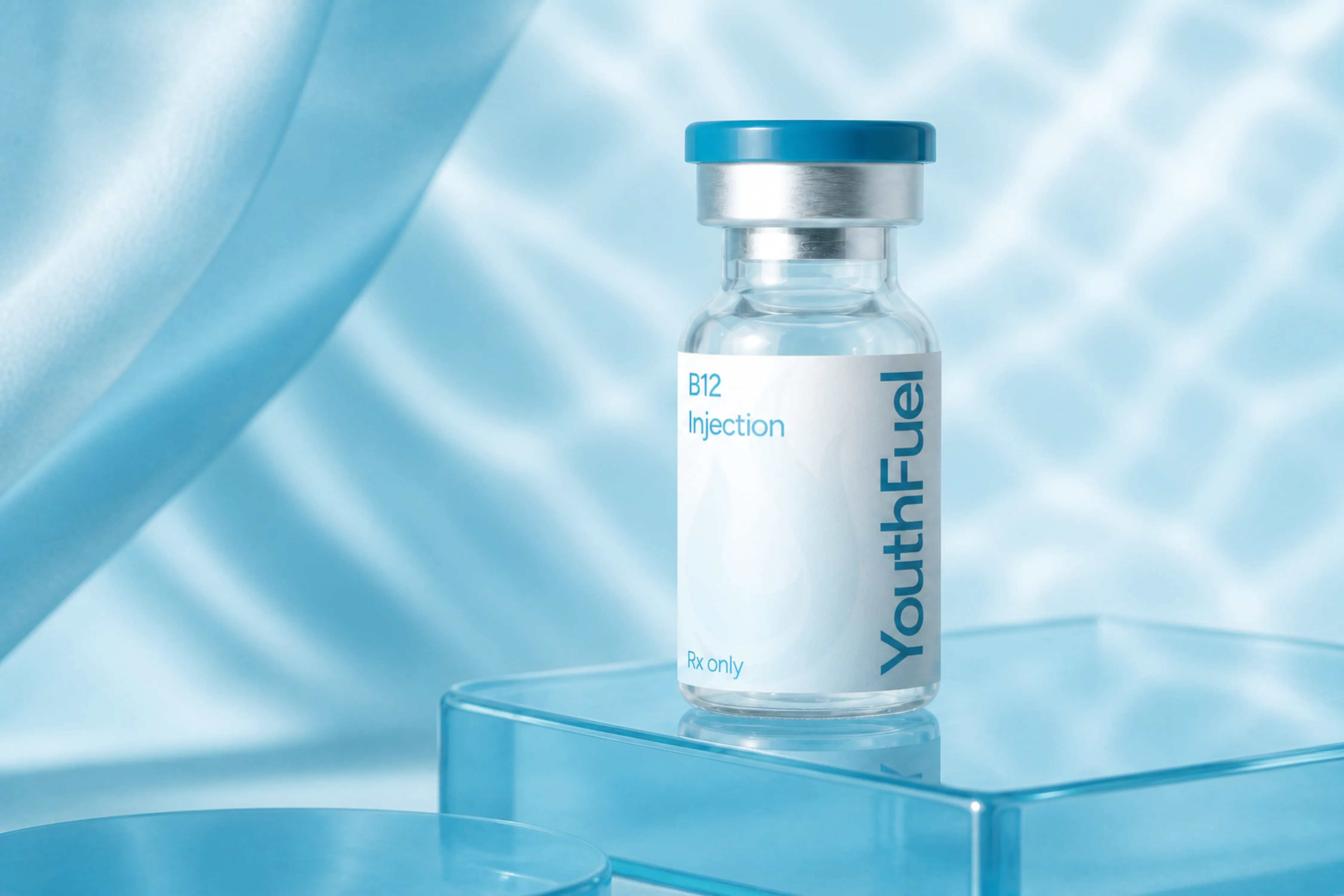 YouthFuel B12 Injections injection vial on a clear pedestal with aqua light.