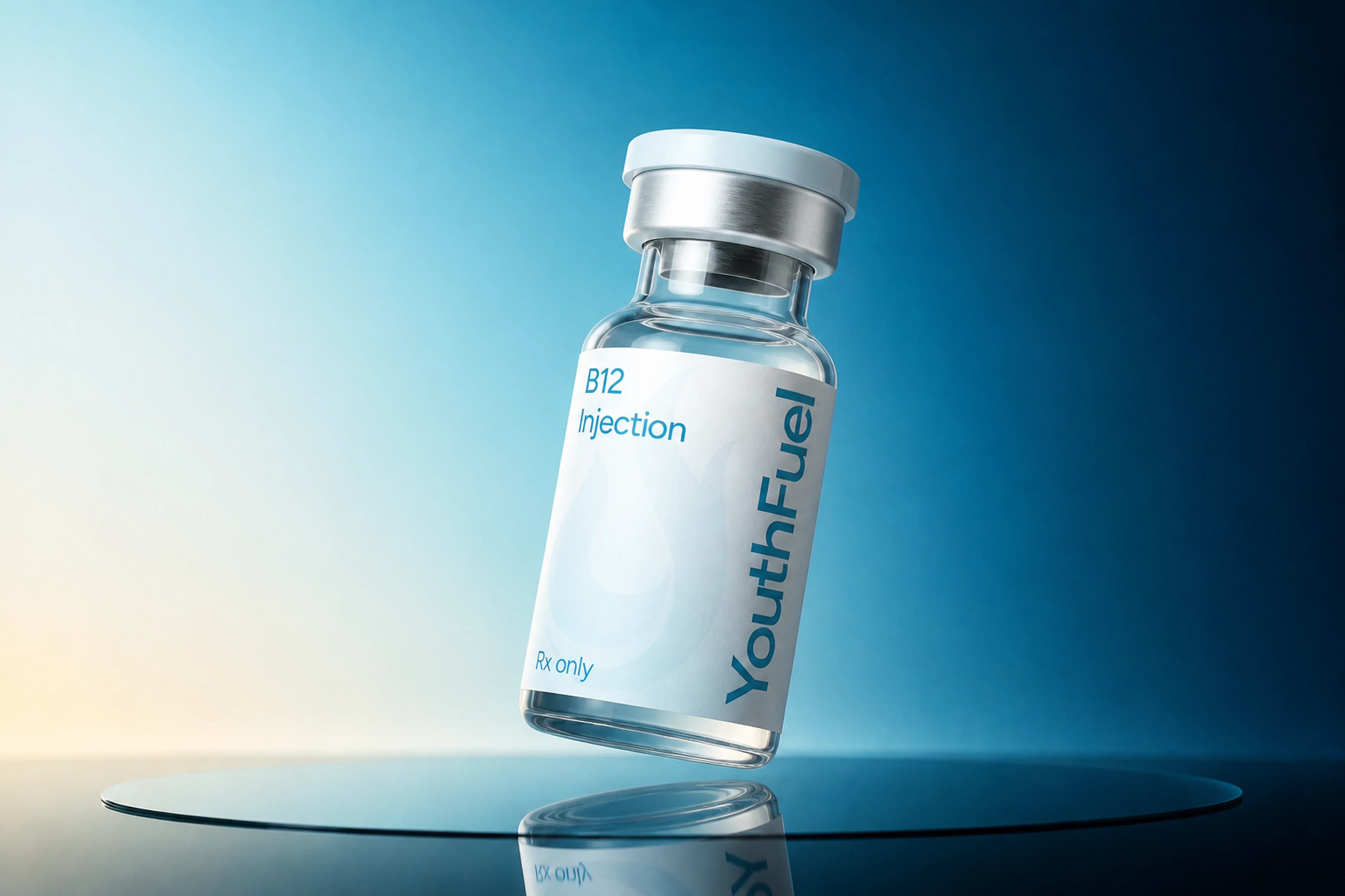 YouthFuel B12 Injections injection vial floating over a reflective blue studio surface.