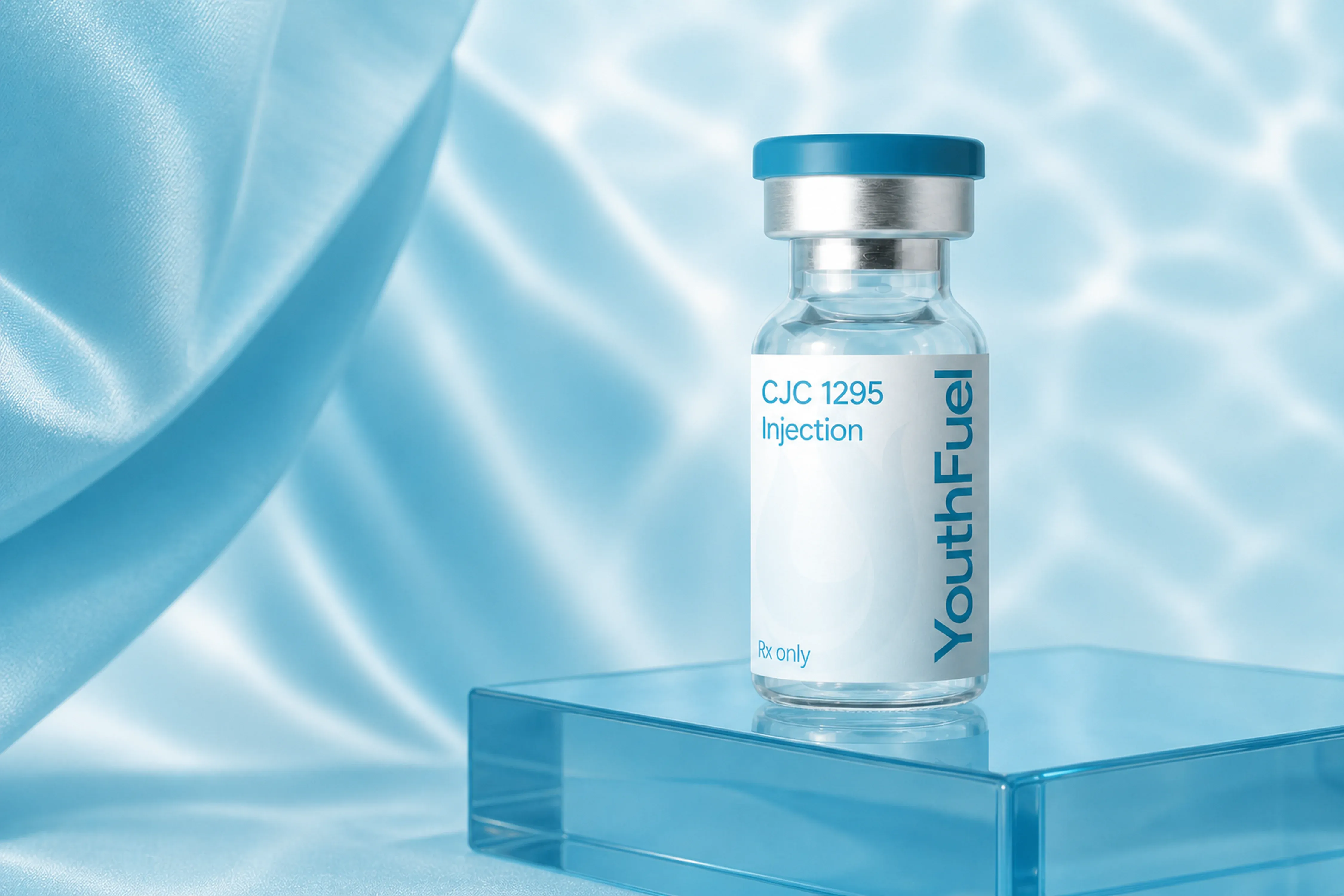 YouthFuel CJC 1295 injection vial on a clear pedestal with aqua light.
