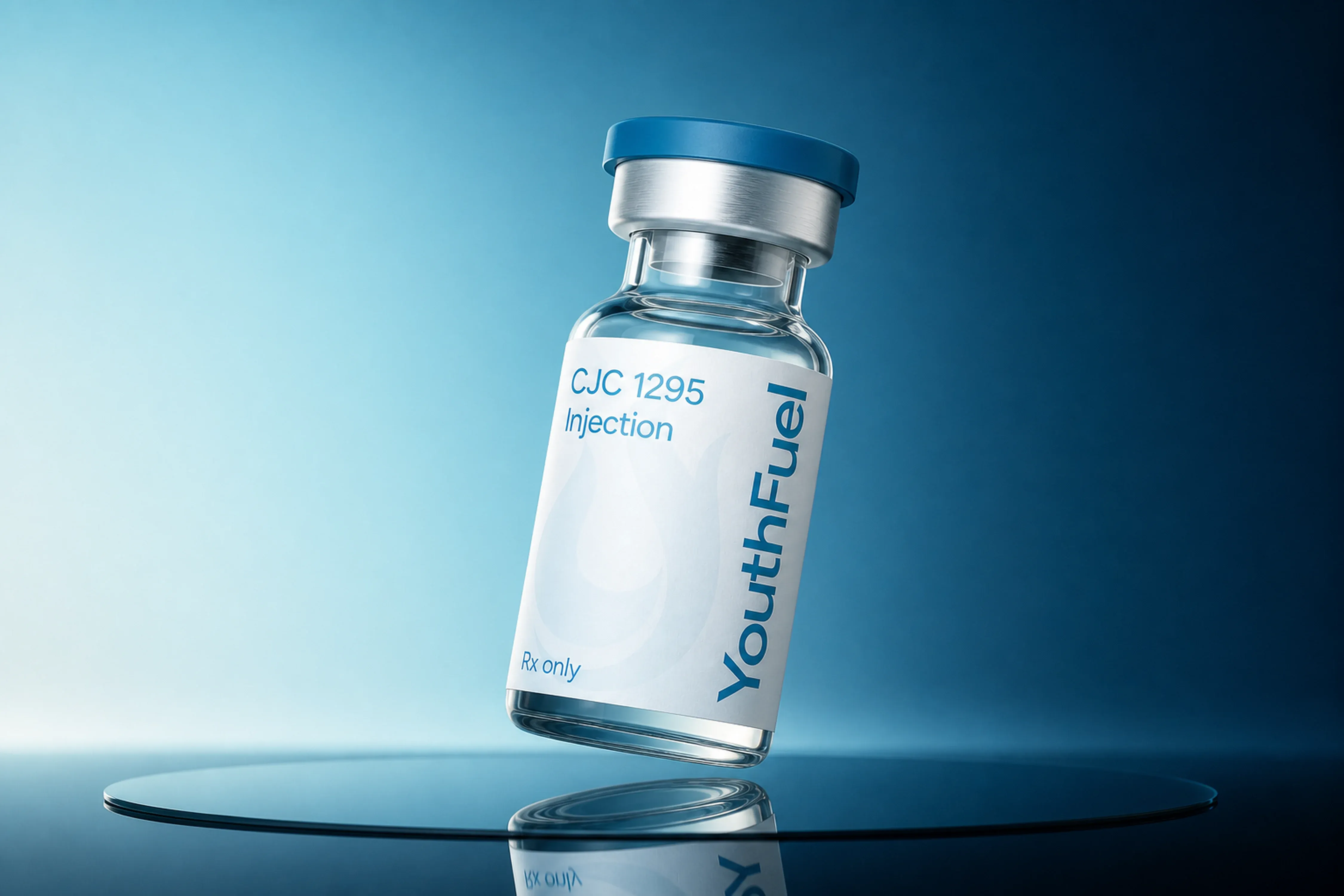 YouthFuel CJC 1295 injection vial floating over a reflective blue studio surface.