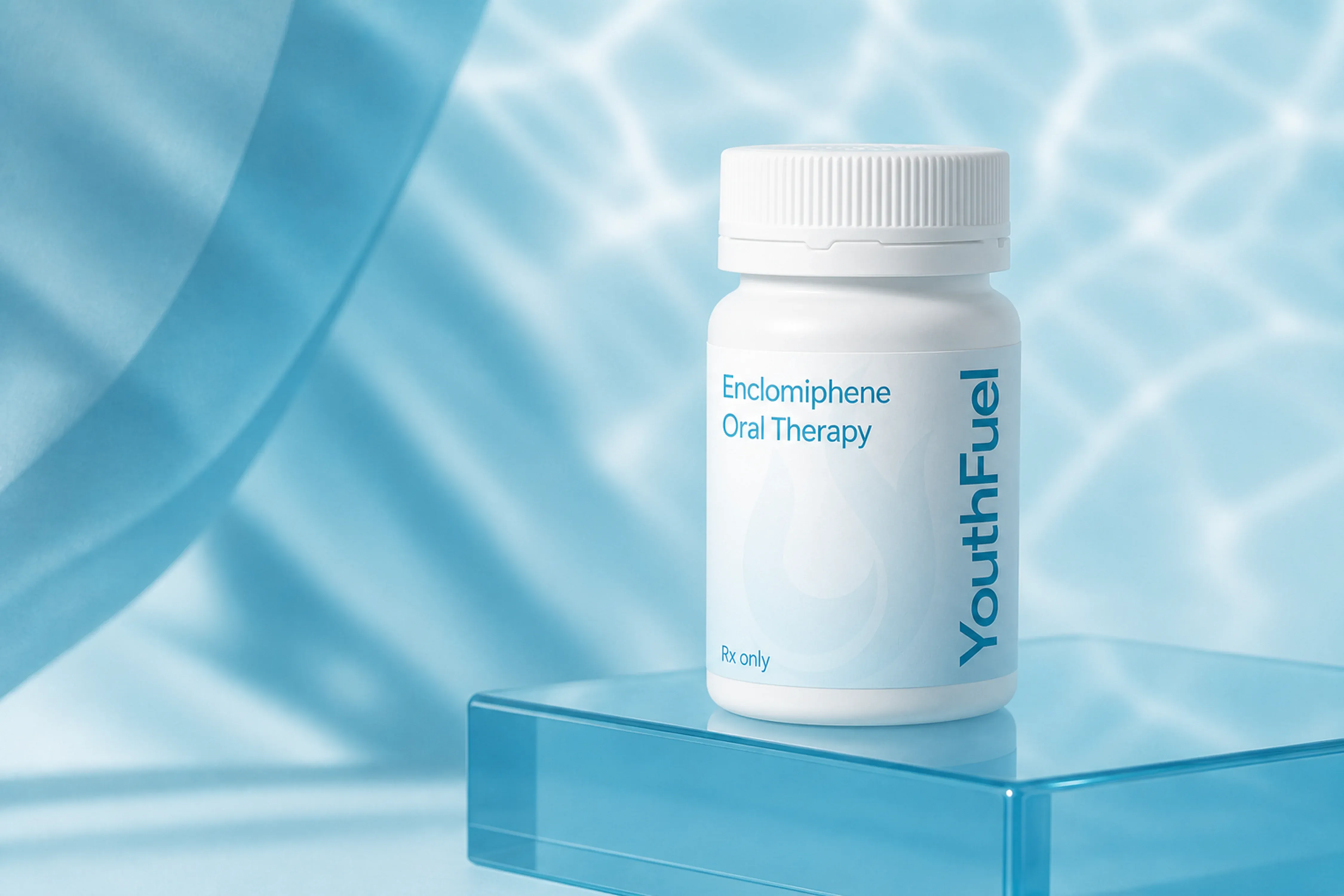YouthFuel Enclomiphene oral therapy bottle on a clear pedestal with aqua light.