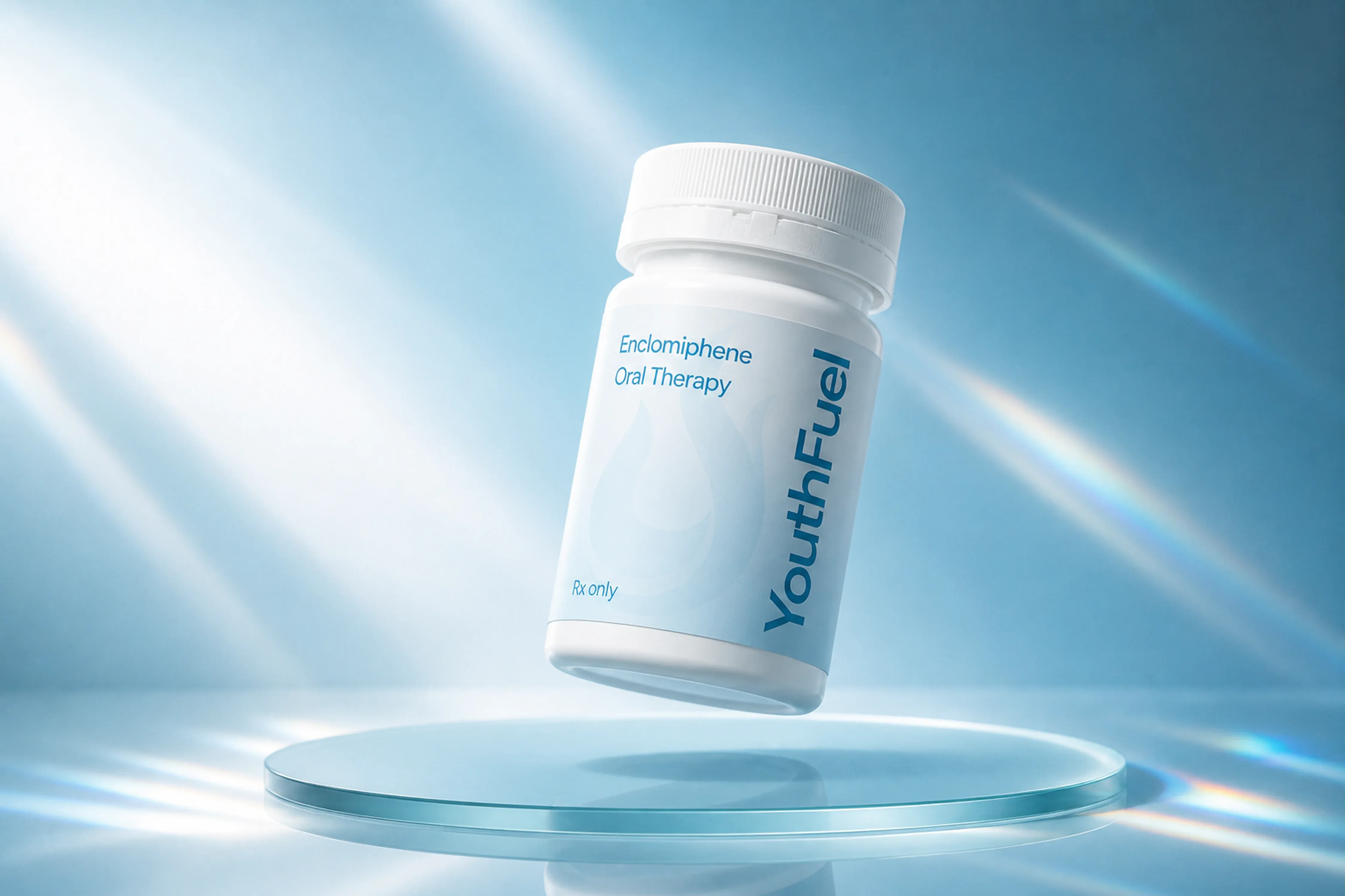 YouthFuel Enclomiphene oral therapy bottle floating over a reflective blue studio surface.