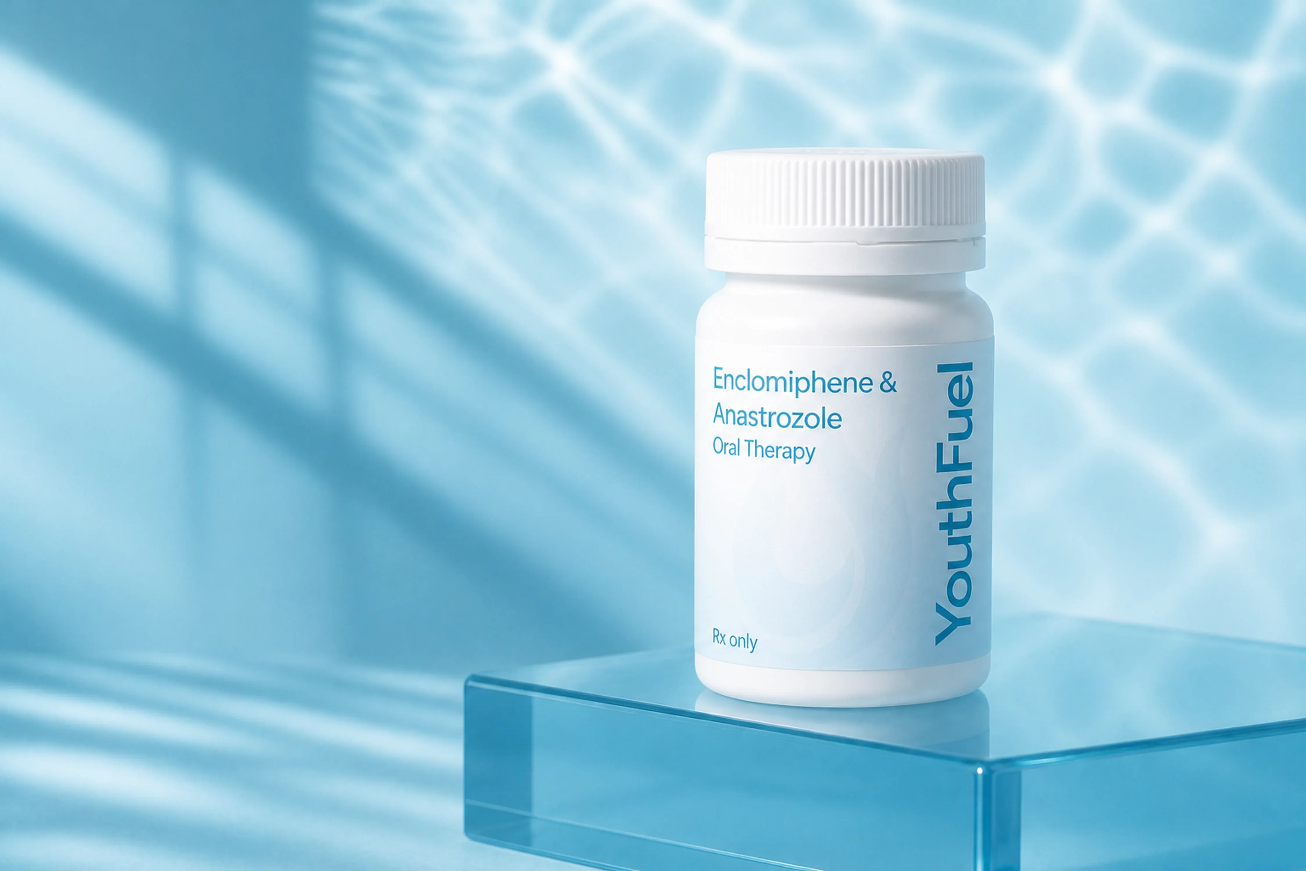 YouthFuel Enclomiphene & Anastrozole oral therapy bottle on a clear pedestal with aqua light.