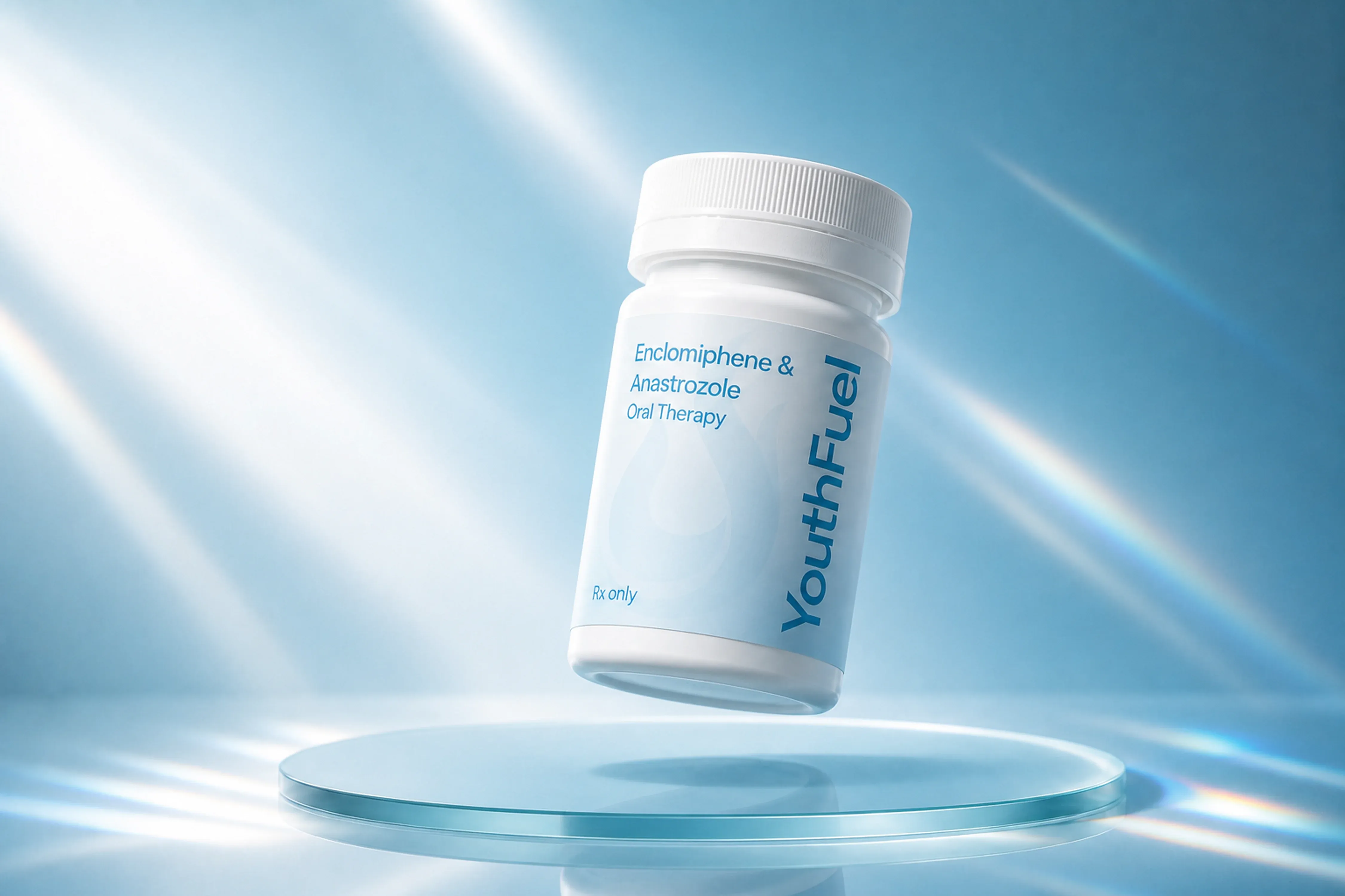 YouthFuel Enclomiphene & Anastrozole oral therapy bottle floating over a reflective blue studio surface.
