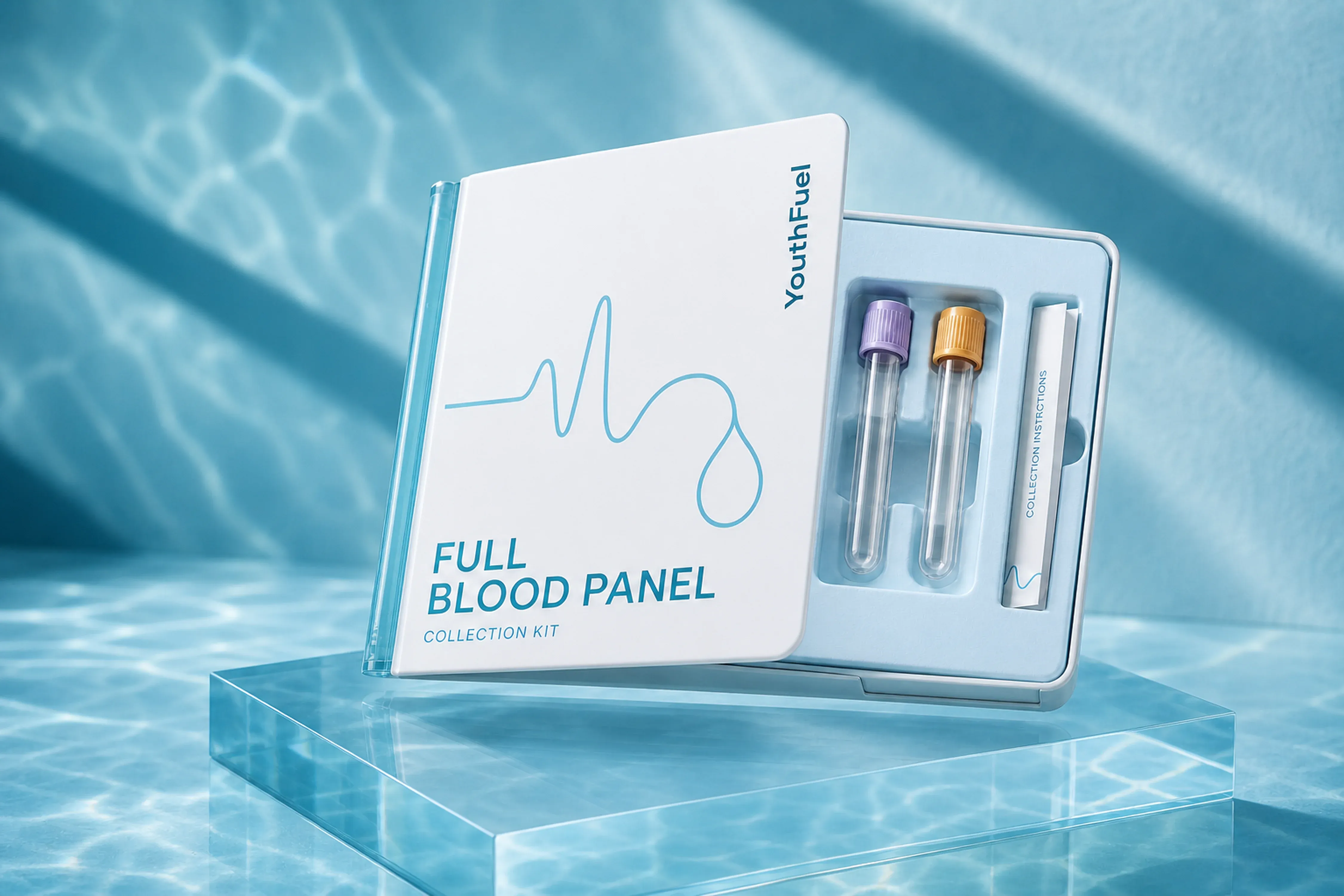 YouthFuel Full Blood Panel collection kit with two clear specimen tubes on a clear pedestal with aqua light.