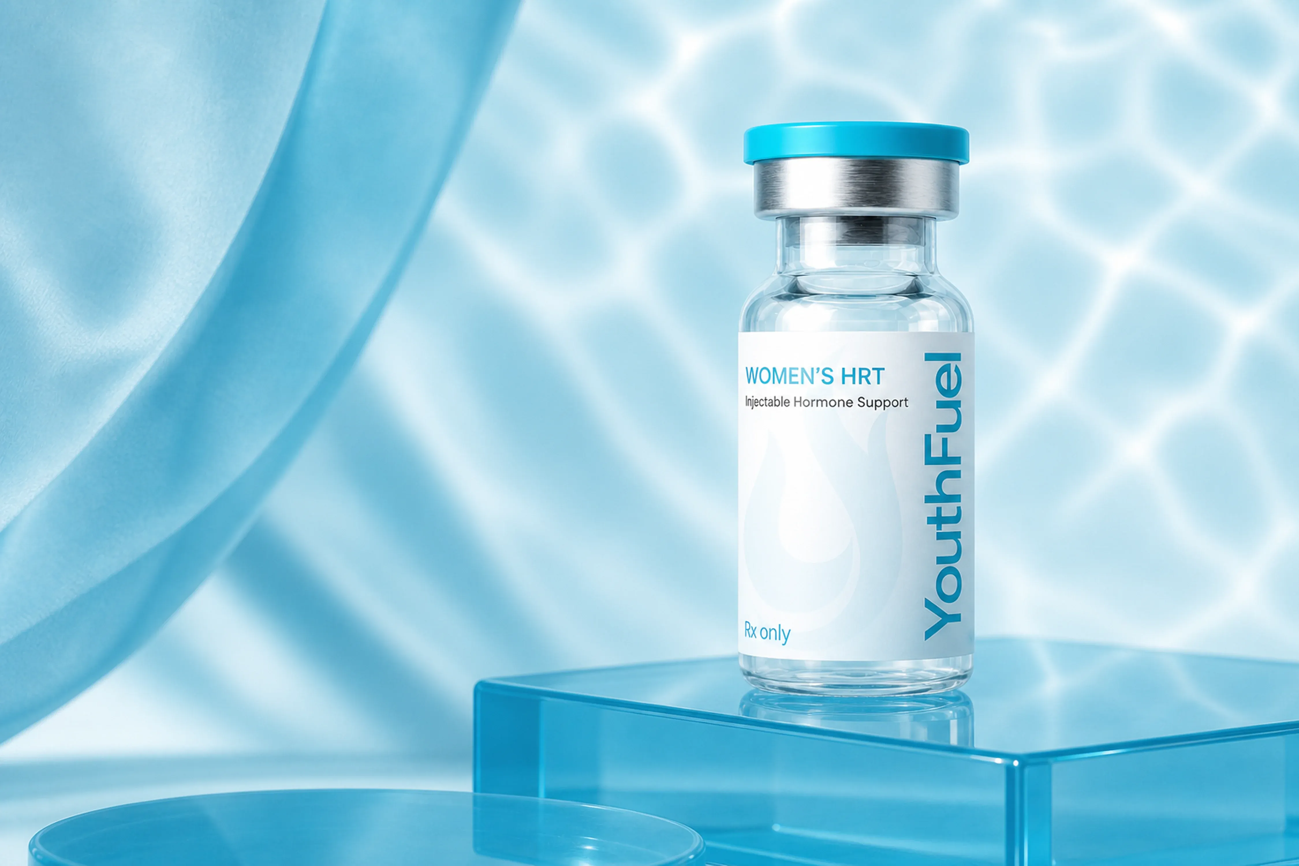 YouthFuel Women’s HRT Injections hormone therapy injection vial on a clear pedestal with aqua light.
