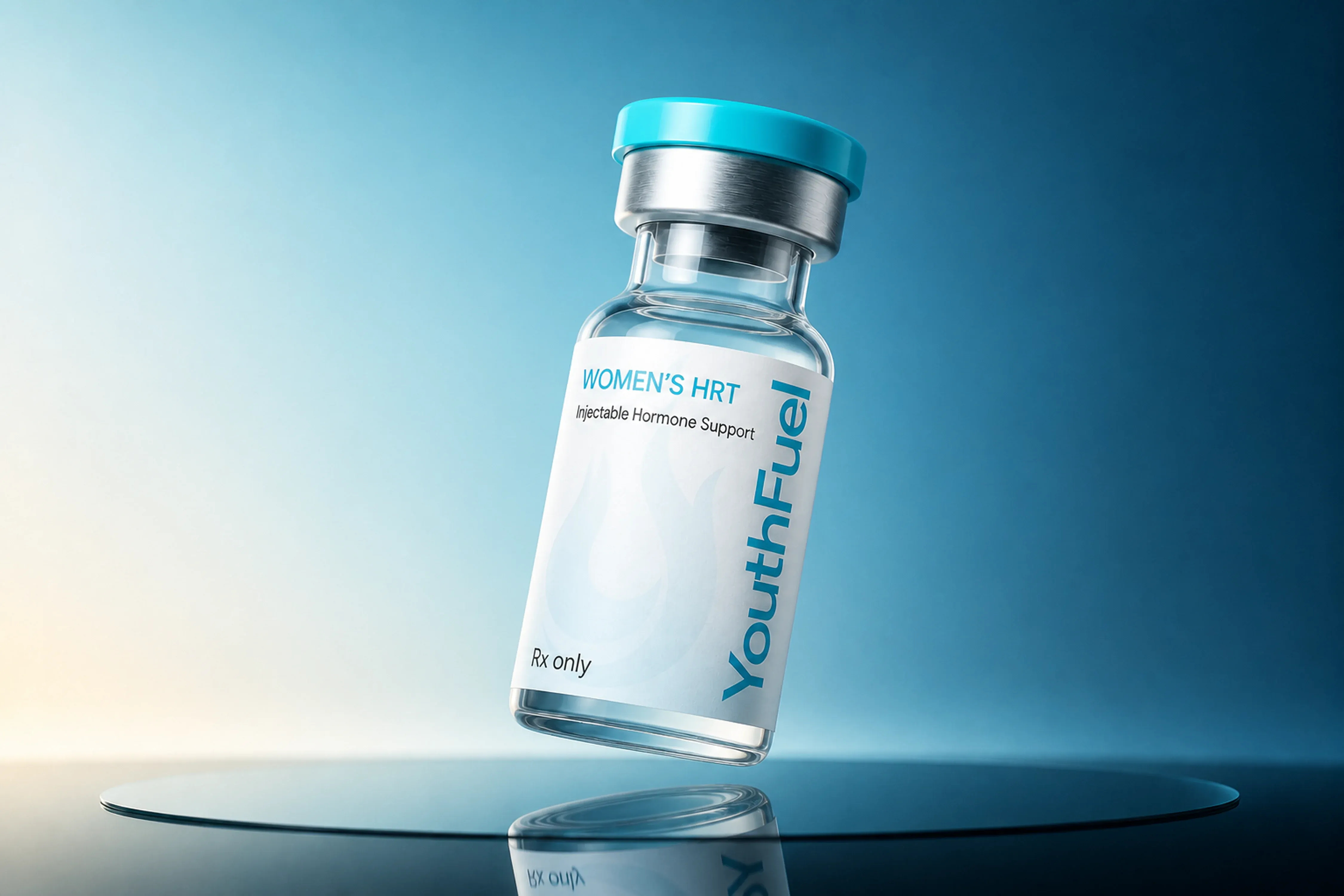 YouthFuel Women’s HRT Injections hormone therapy injection vial floating over a reflective blue studio surface.