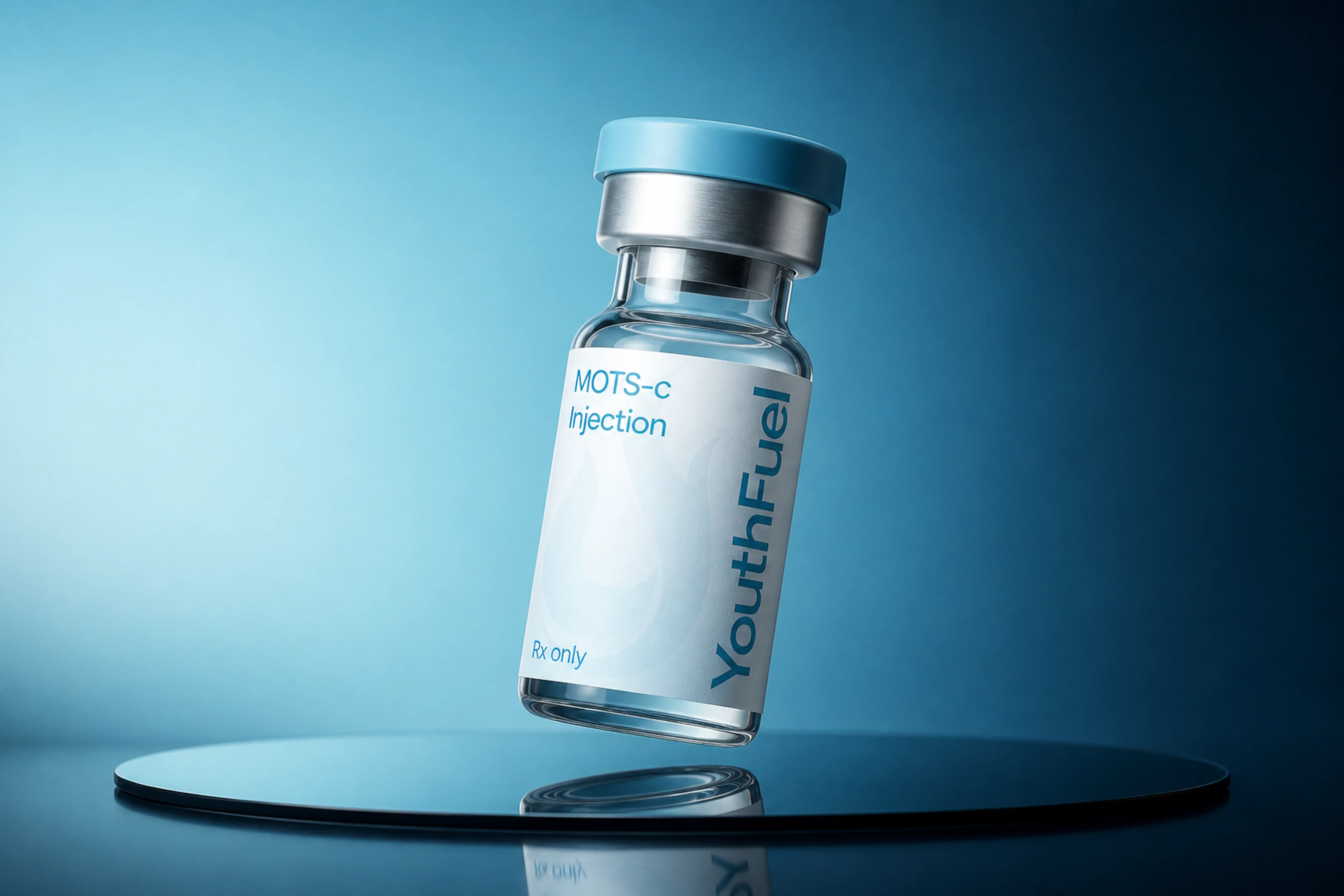 YouthFuel MOTS-C injection vial floating over a reflective blue studio surface.