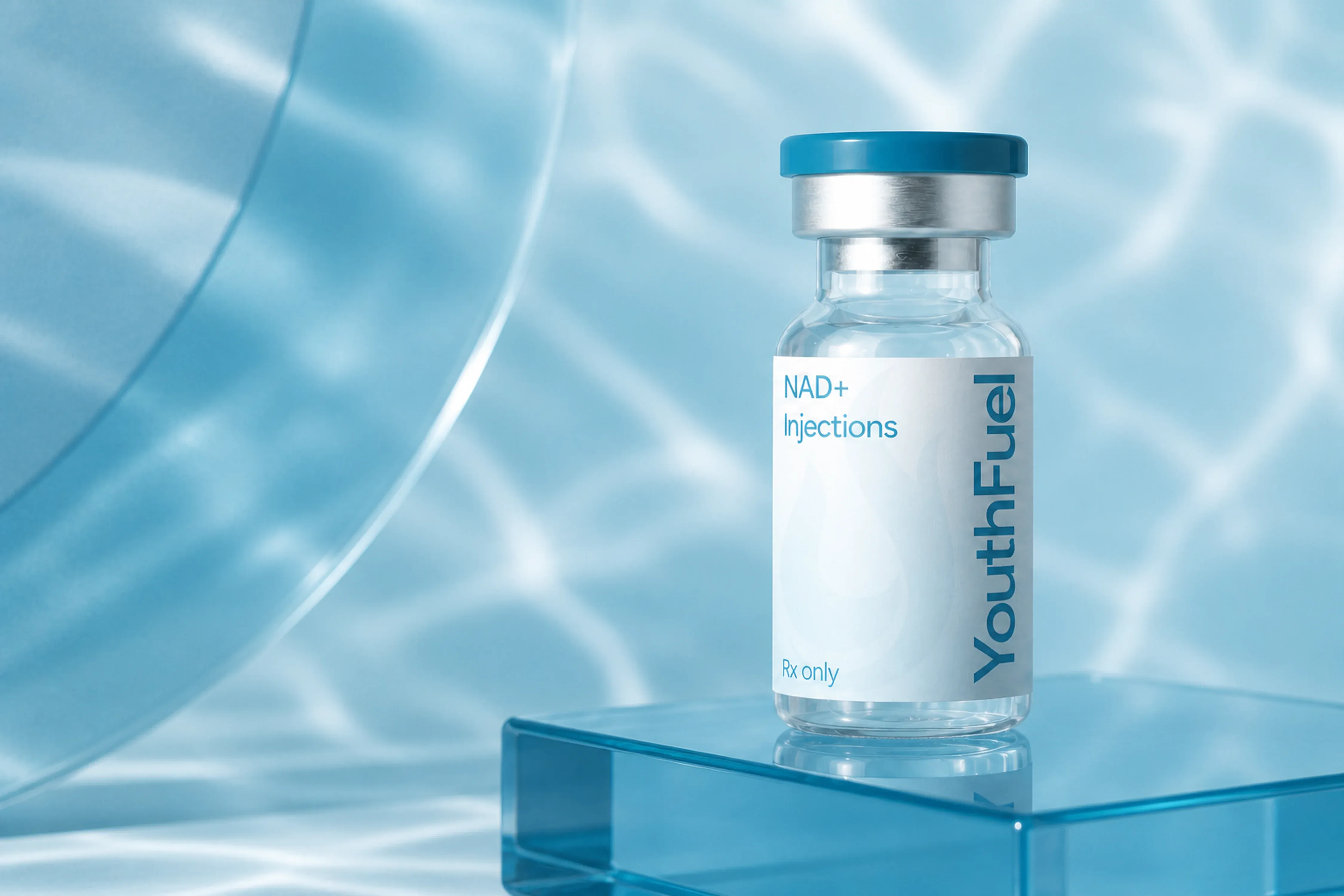 YouthFuel NAD+ Injections injection vial on a clear pedestal with aqua light.