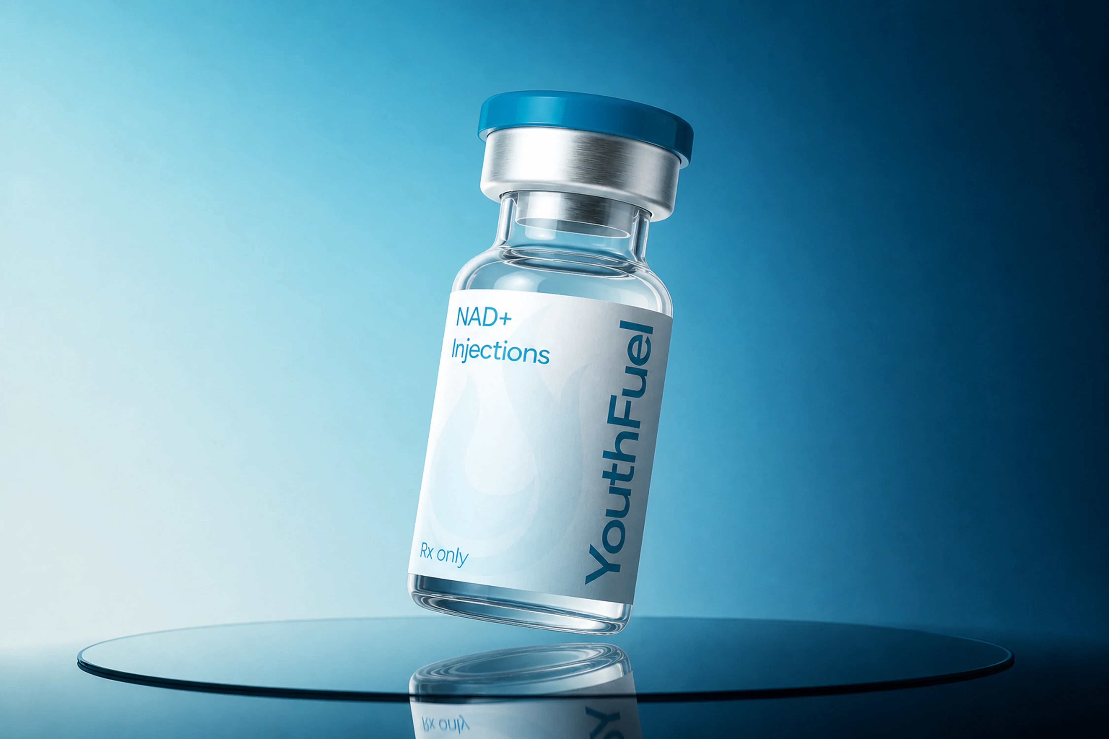 YouthFuel NAD+ Injections injection vial floating over a reflective blue studio surface.
