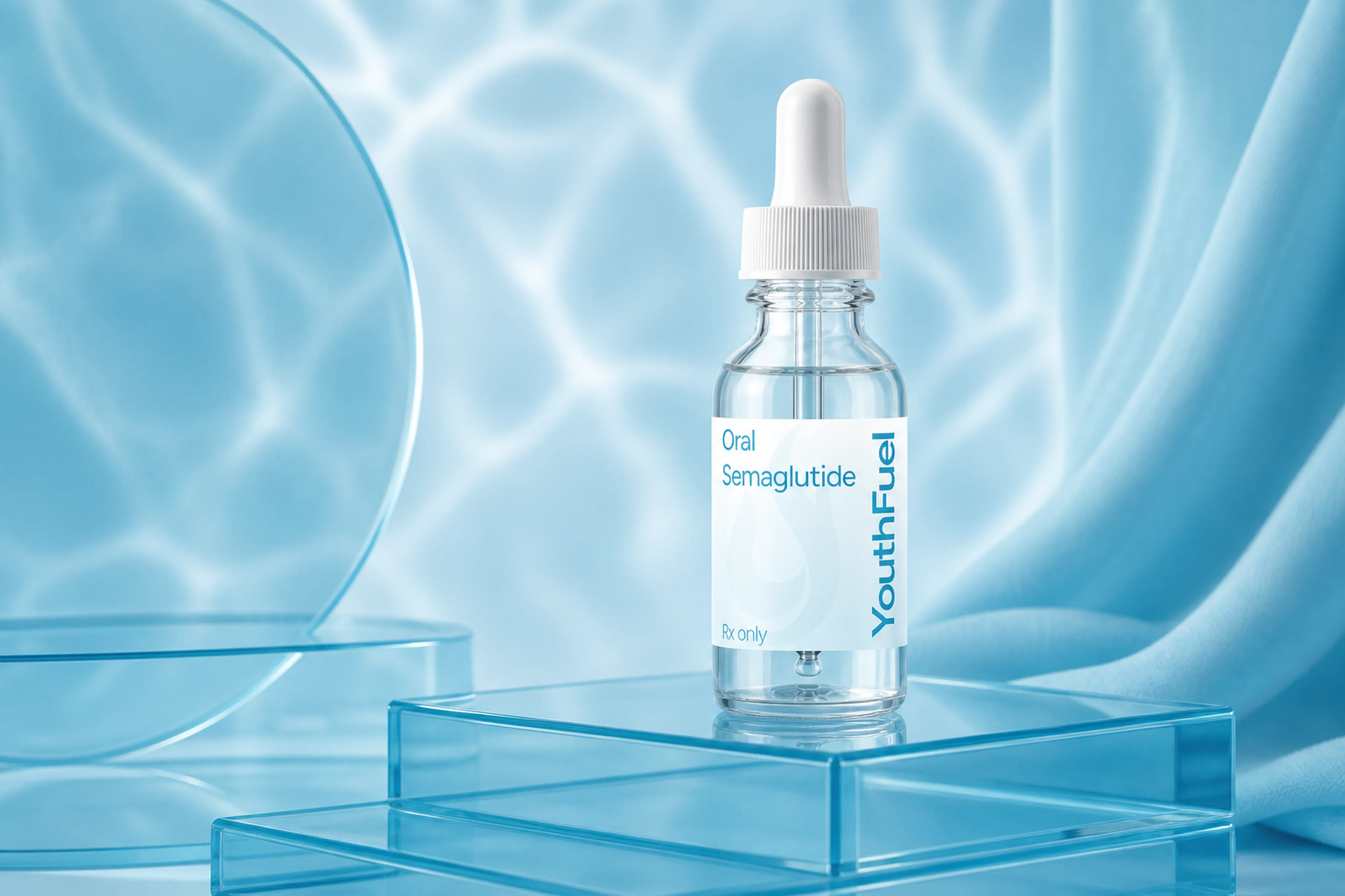 YouthFuel Oral Semaglutide oral dropper bottle on a clear pedestal with aqua light.