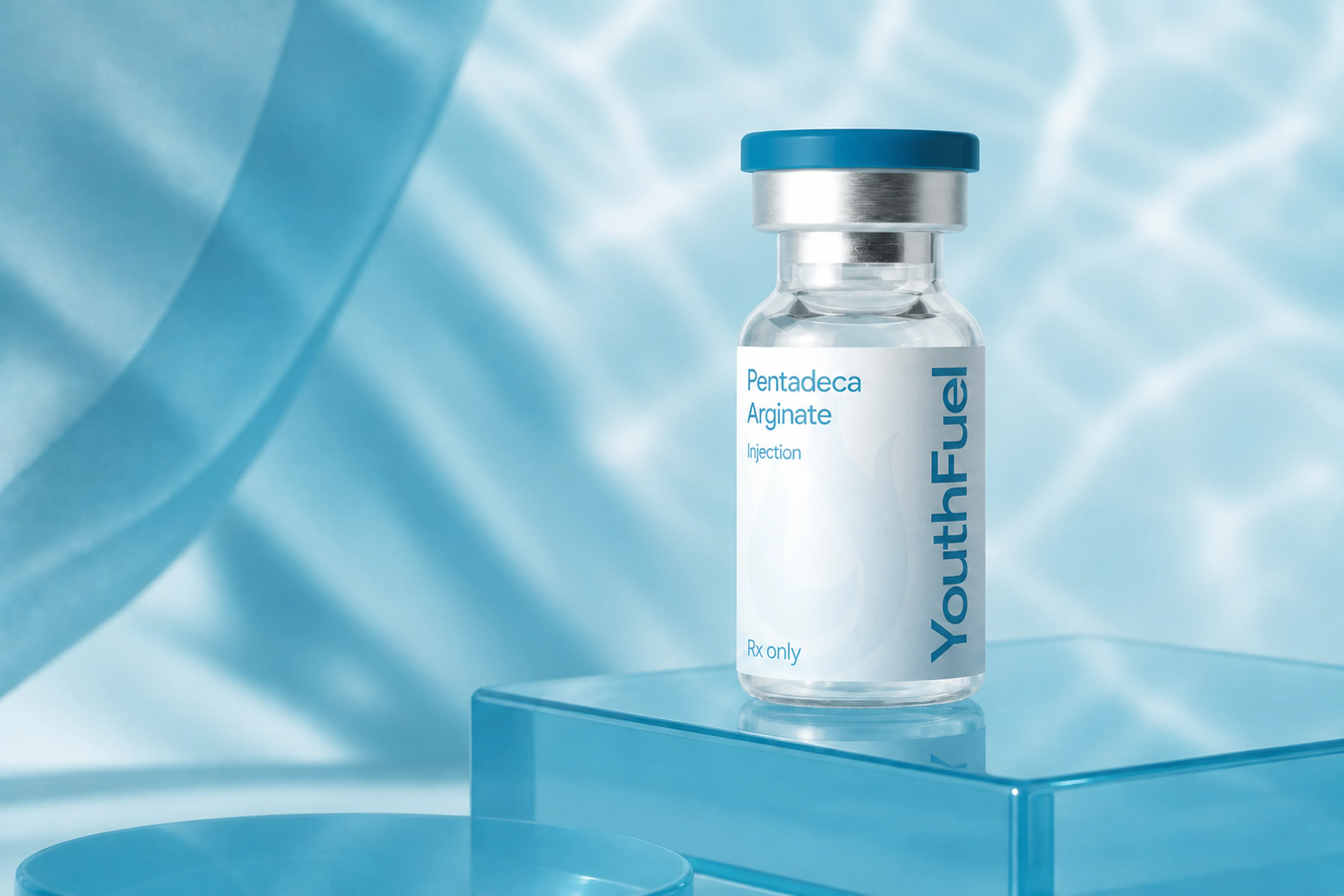 YouthFuel Pentadeca Arginate injection vial on a clear pedestal with aqua light.