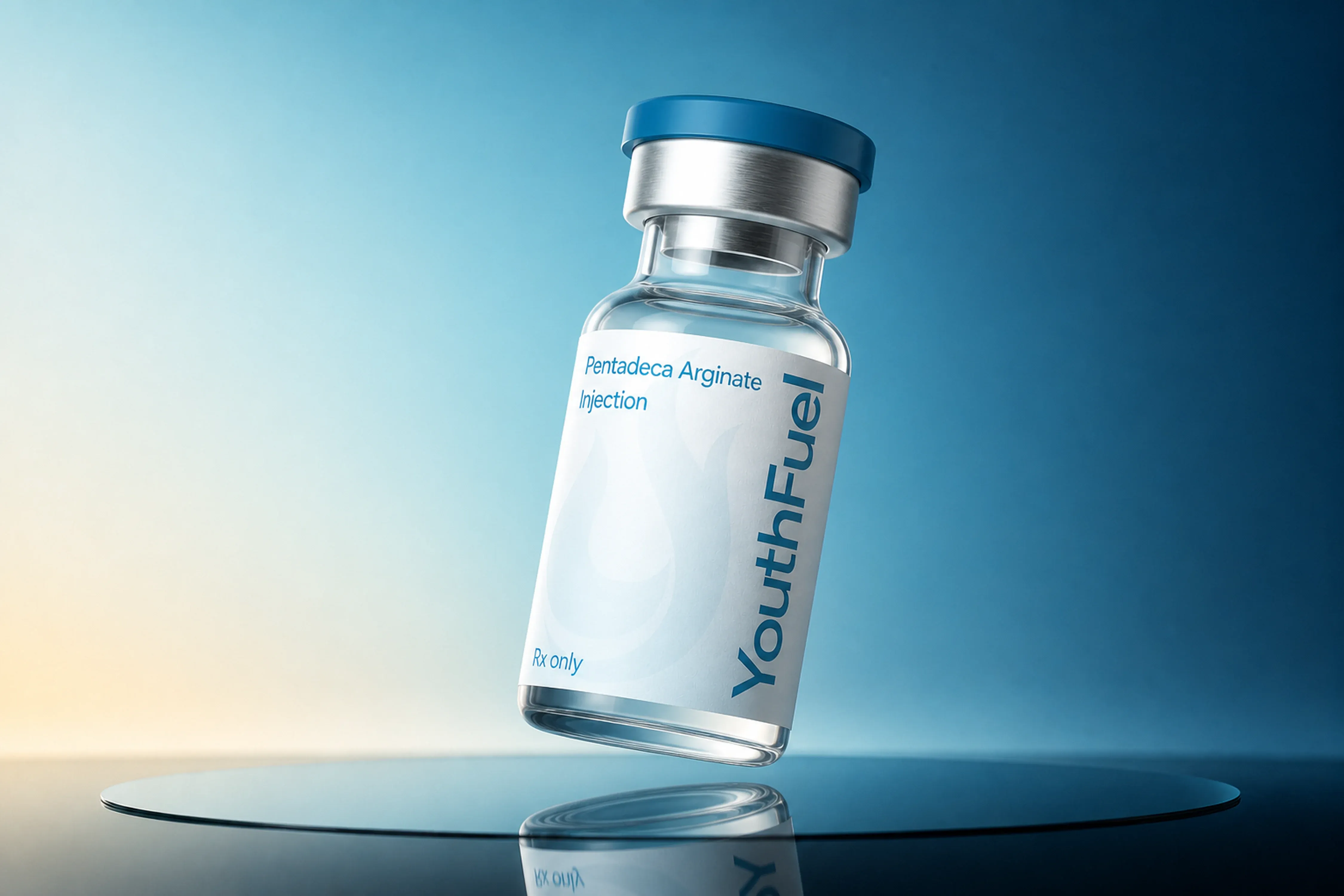YouthFuel Pentadeca Arginate injection vial floating over a reflective blue studio surface.