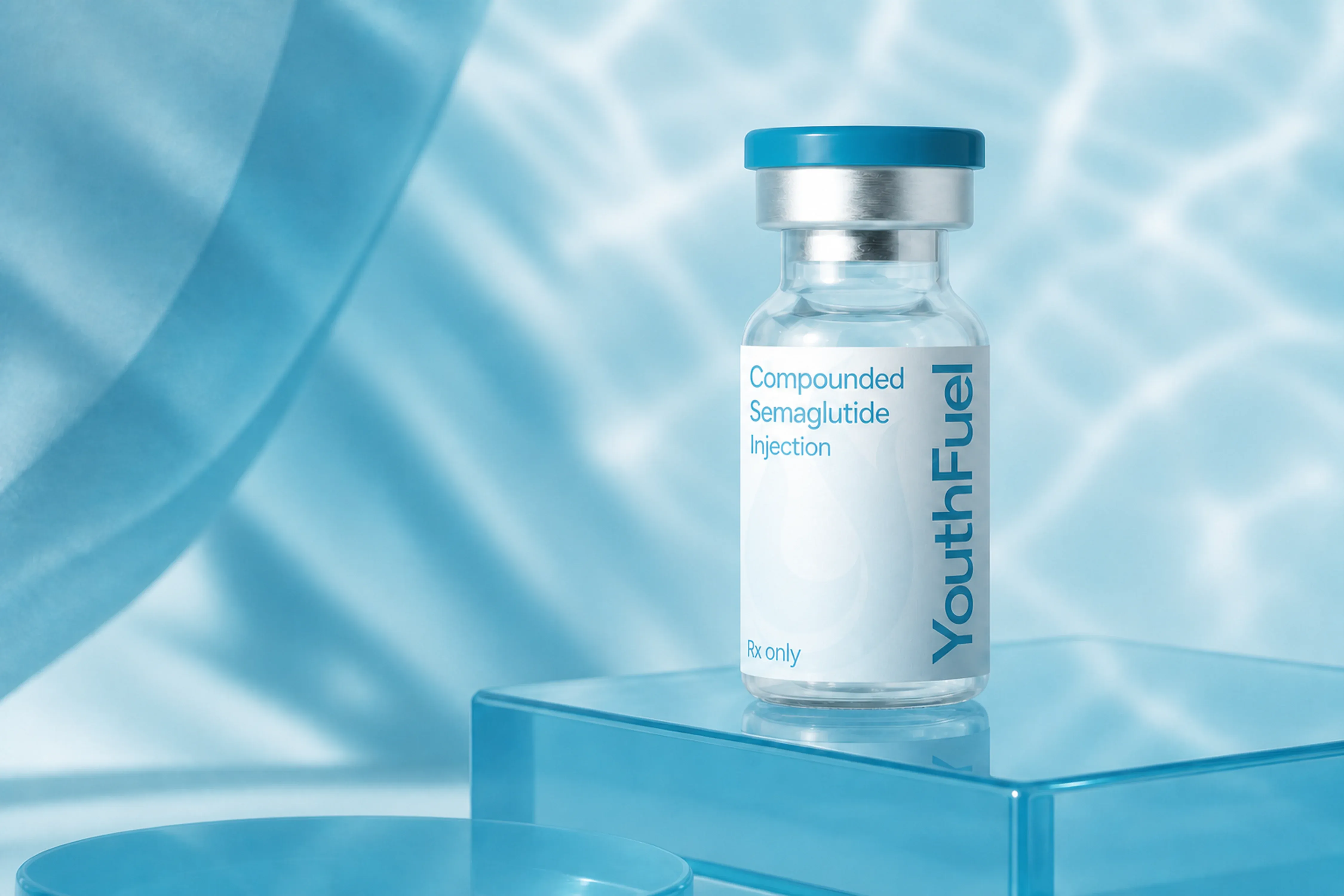 YouthFuel Semaglutide Injections injection vial on a clear pedestal with aqua light.