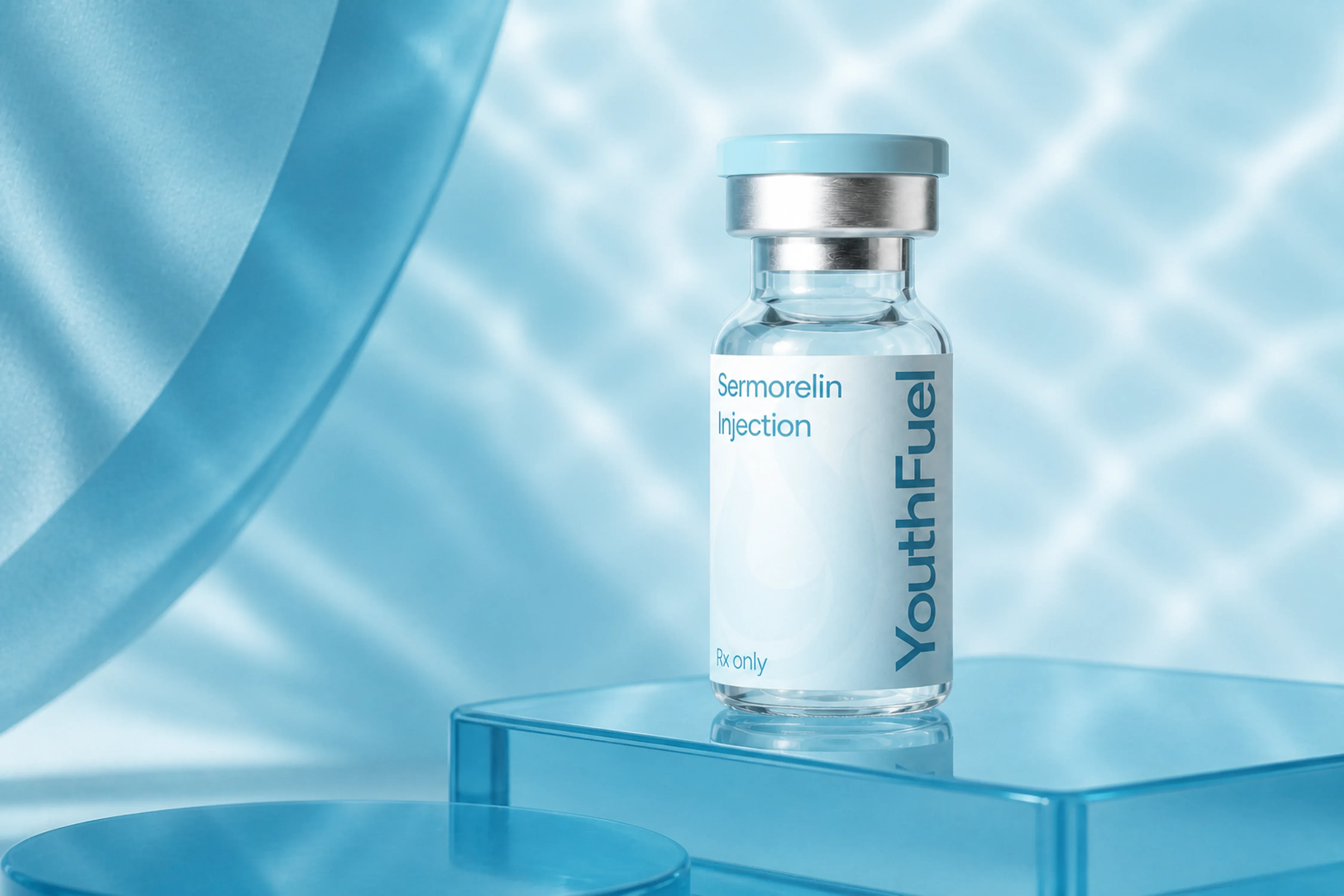 YouthFuel Sermorelin Injections injection vial on a clear pedestal with aqua light.