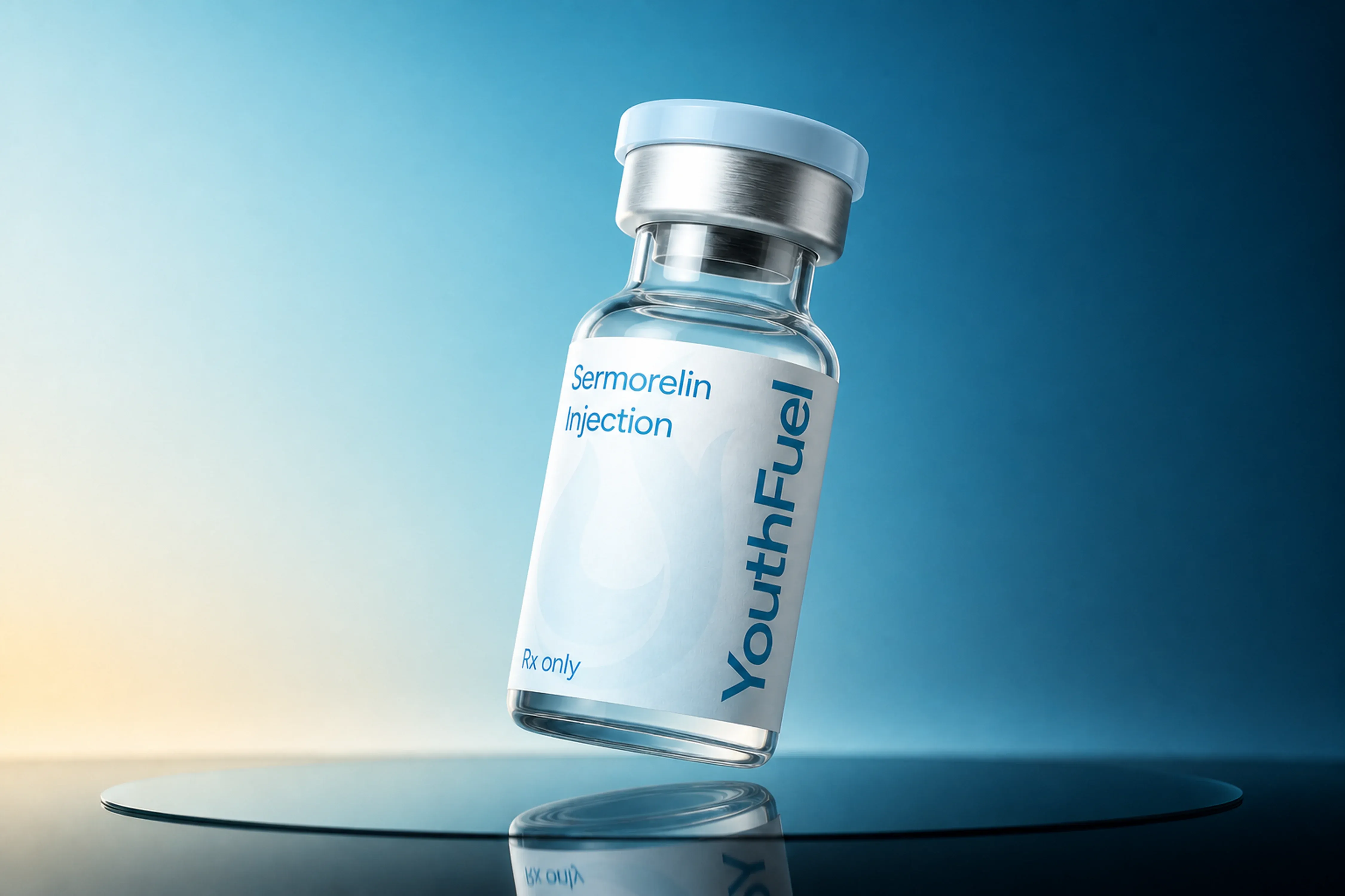 YouthFuel Sermorelin Injections injection vial floating over a reflective blue studio surface.
