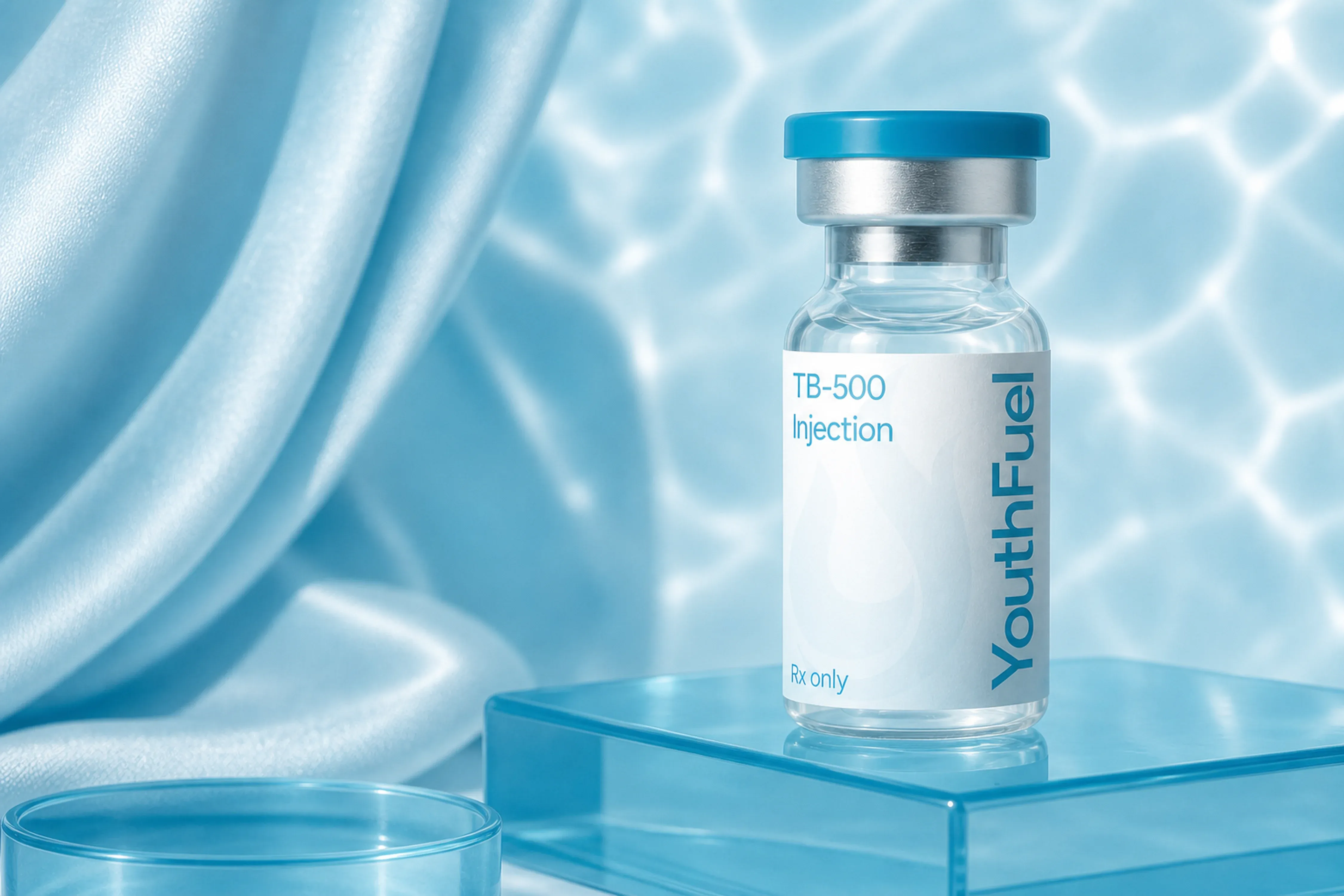 YouthFuel TB-500 injection vial on a clear pedestal with aqua light.