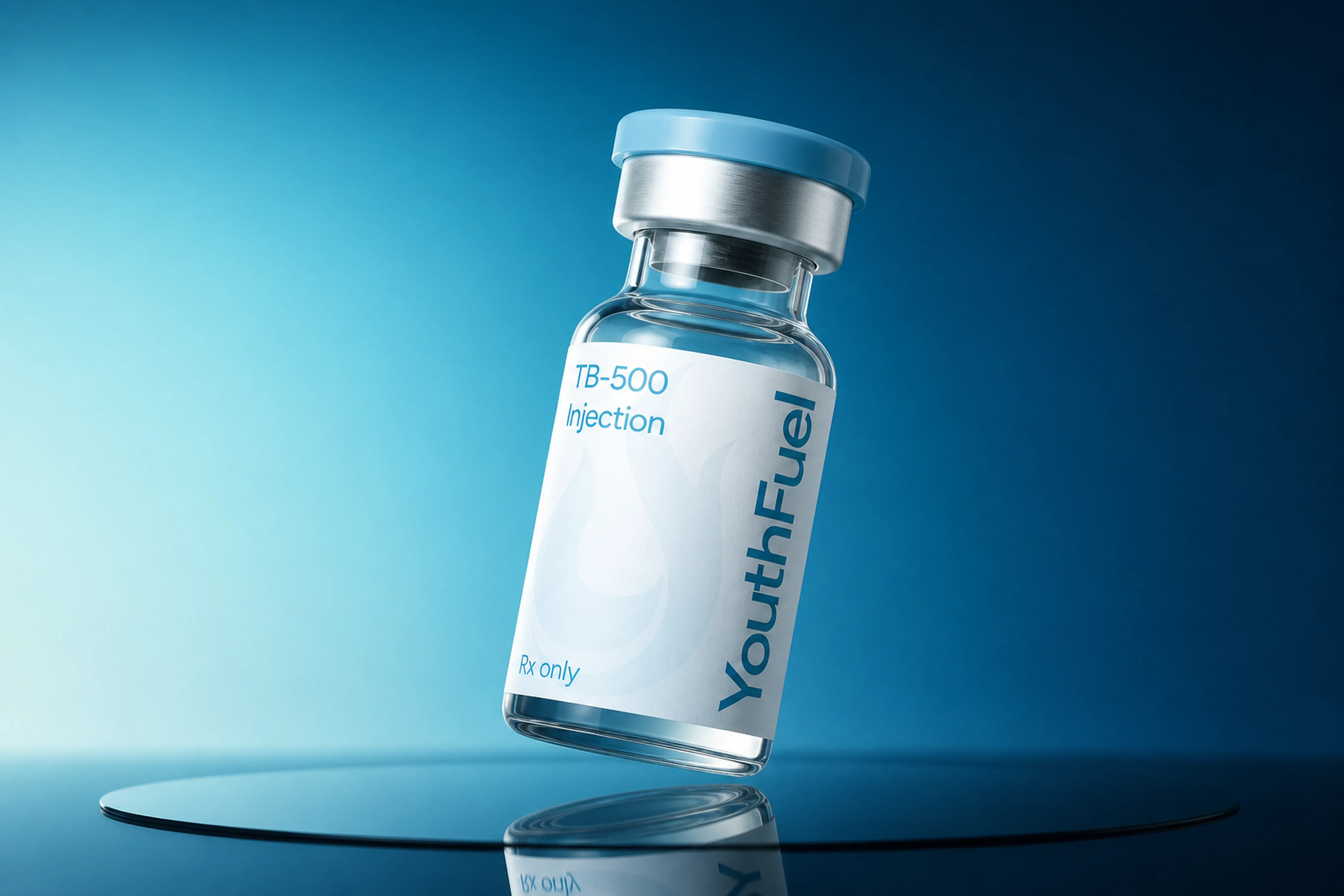 YouthFuel TB-500 injection vial floating over a reflective blue studio surface.