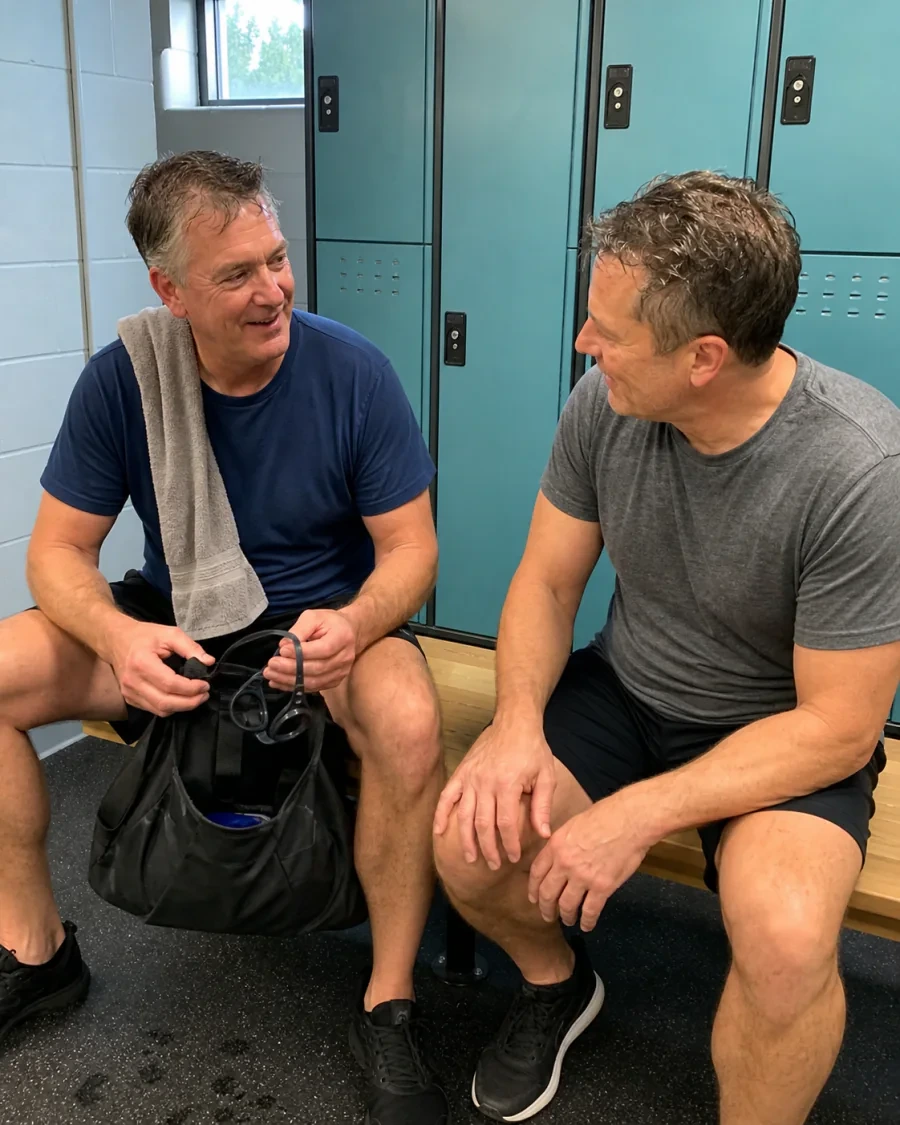 Two men talking naturally after an easy swim at a community pool