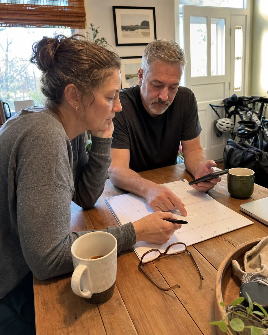 Couple at their kitchen table making plans with bicycles ready near the door