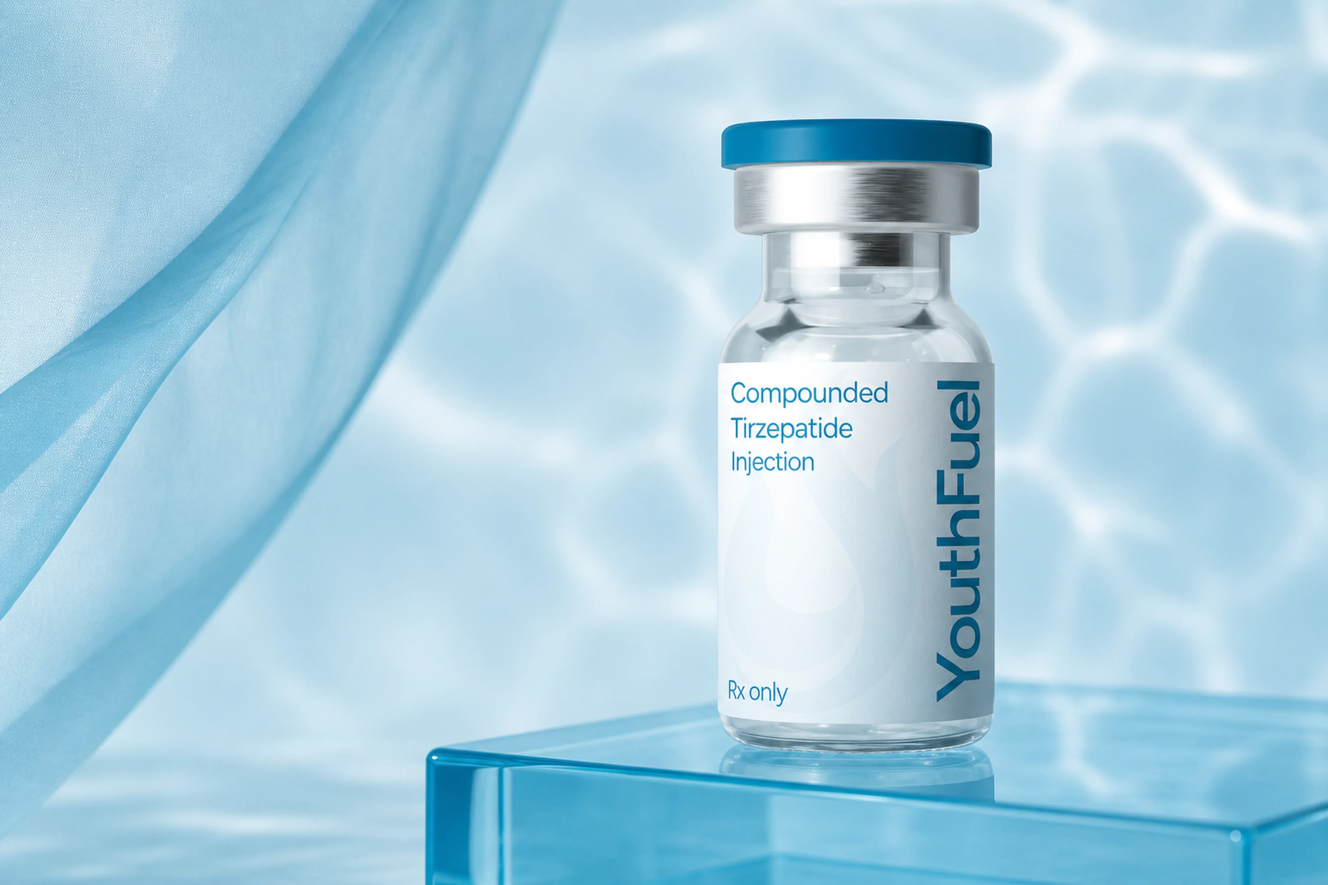 YouthFuel Tirzepatide Injections injection vial on a clear pedestal with aqua light.