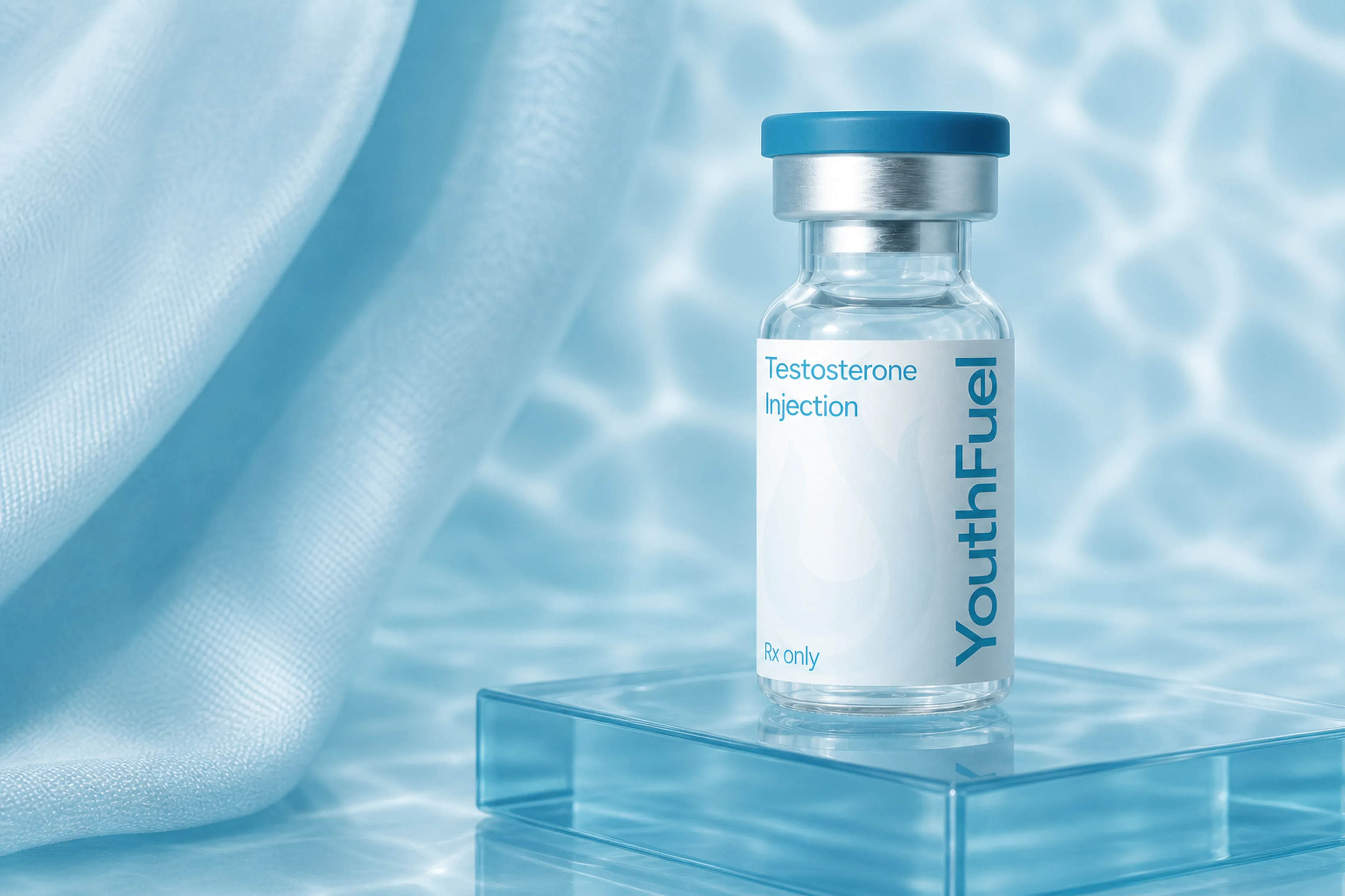 YouthFuel Testosterone Replacement Therapy Injections injection vial on a clear pedestal with aqua light.