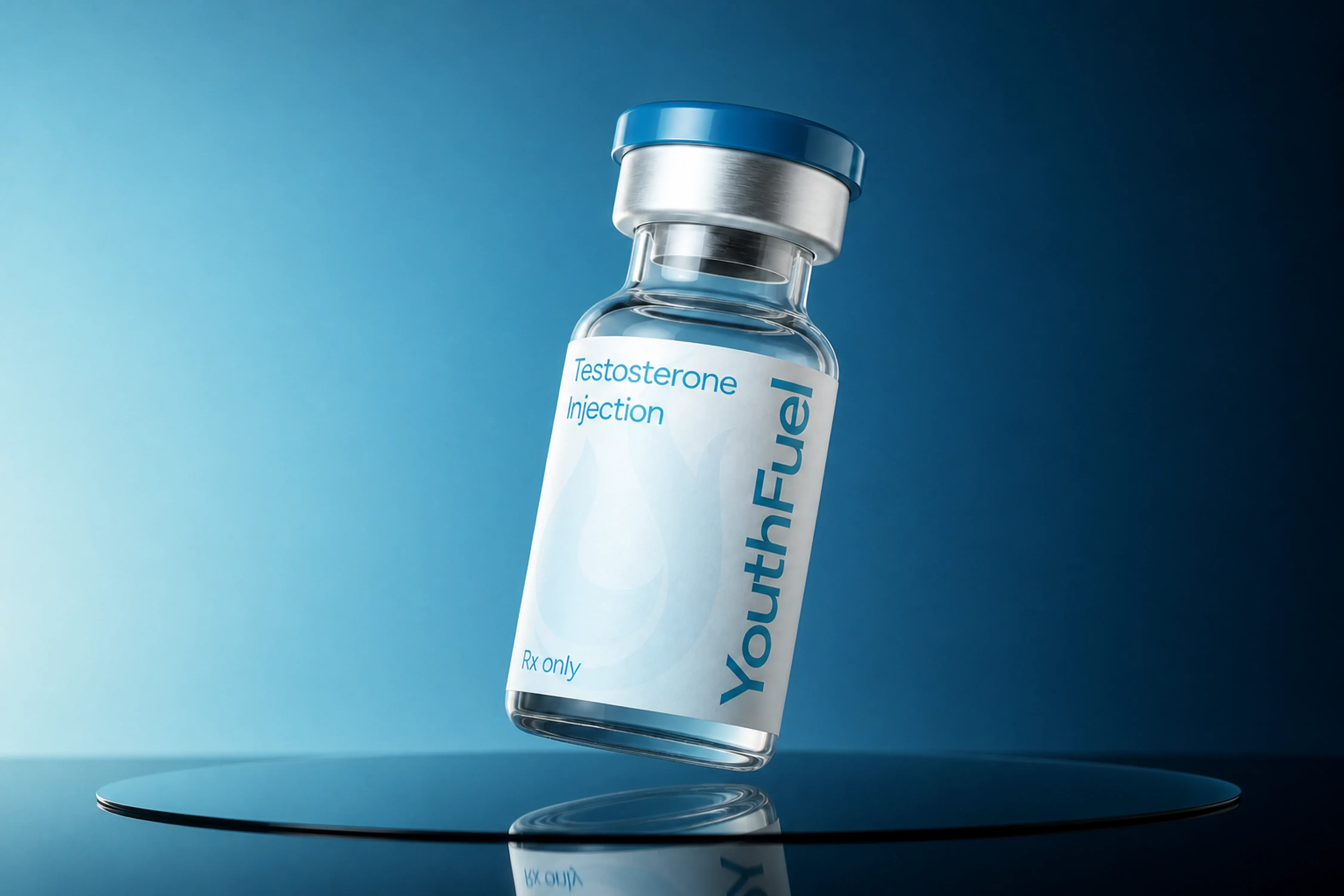 YouthFuel Testosterone Replacement Therapy Injections injection vial floating over a reflective blue studio surface.