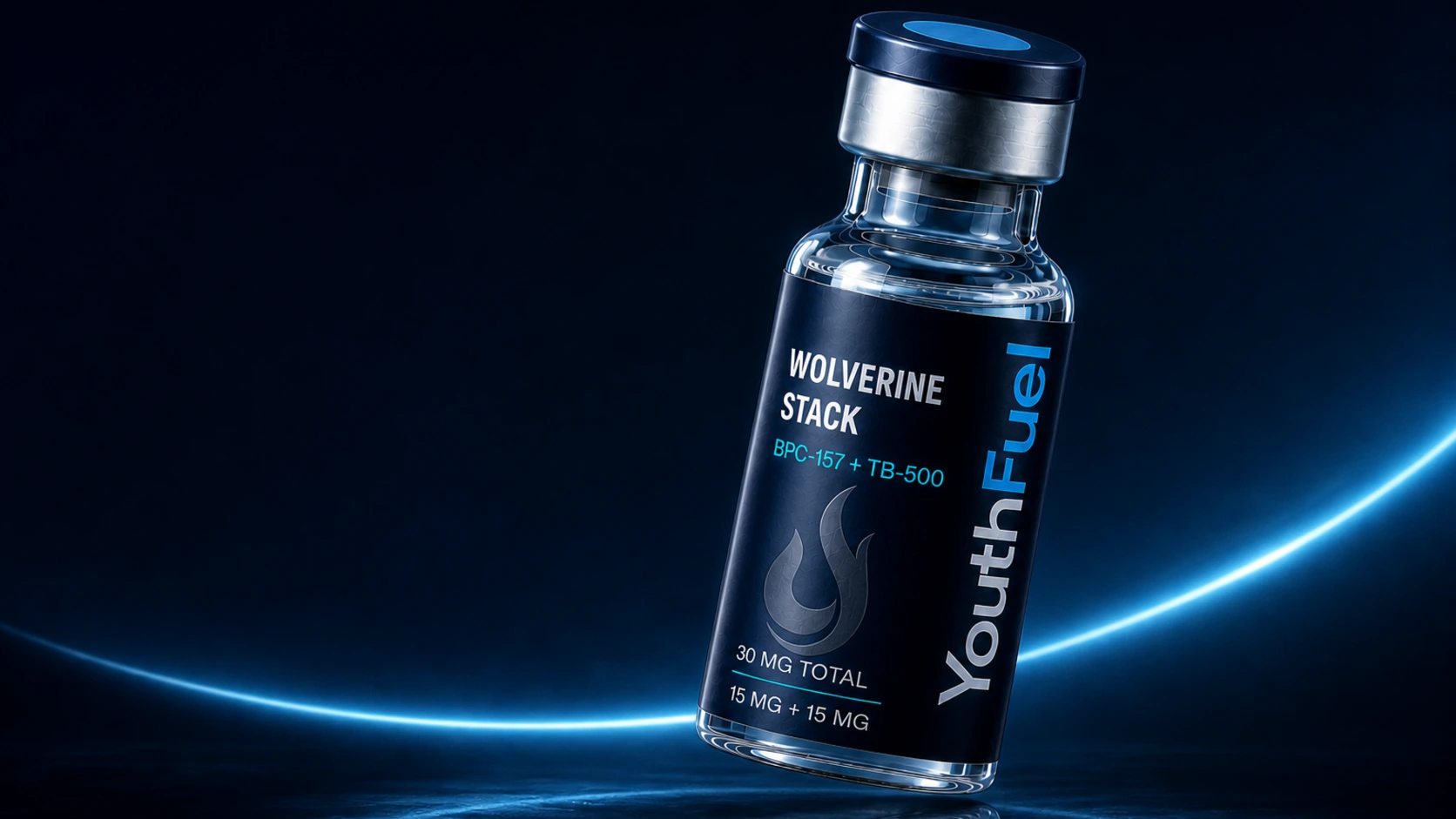 YouthFuel Wolverine Stack vial shown as concept packaging in a cyan precision field