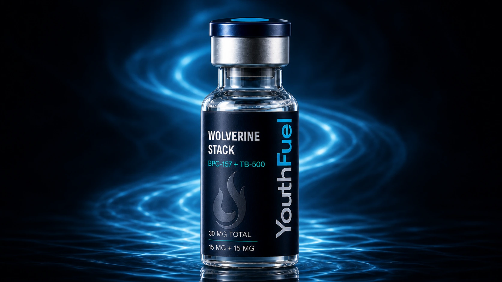 YouthFuel Wolverine Stack vial shown as concept packaging in a deep-navy current of cyan light