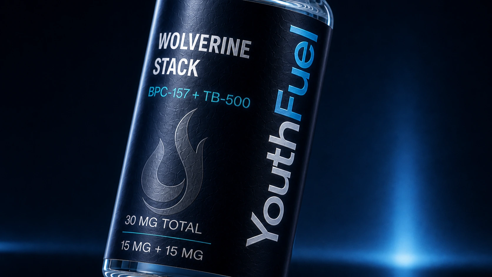 Macro view of the glass, silver crimp, and navy label on YouthFuel Wolverine Stack concept packaging