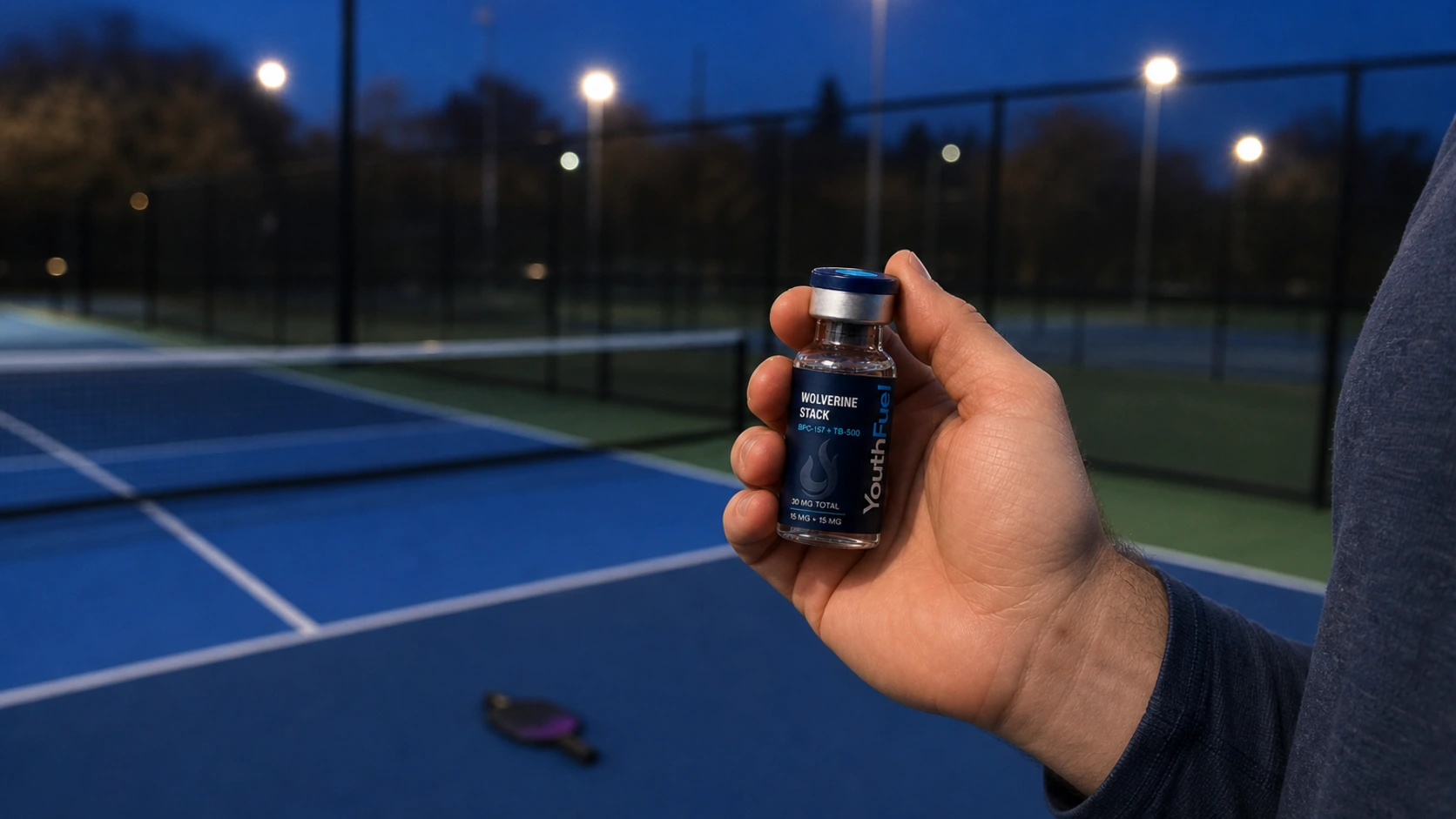 A hand holds a YouthFuel Wolverine Stack vial shown as concept packaging in a garage training setting