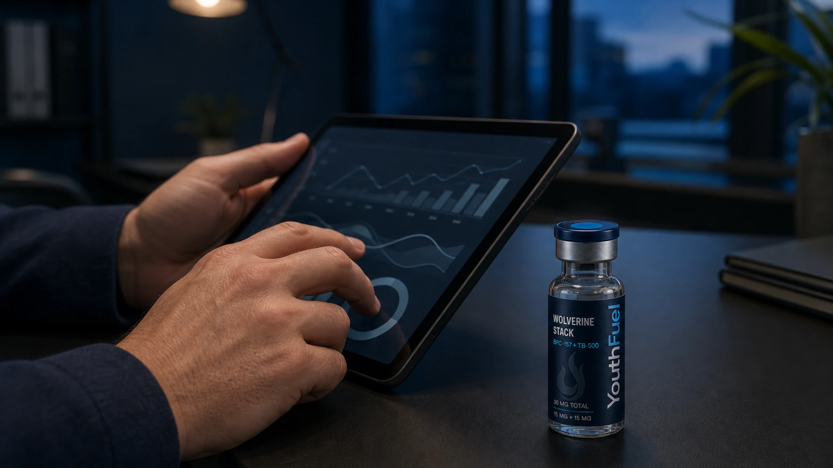 YouthFuel Wolverine Stack vial shown as concept packaging beside a private provider-review tablet