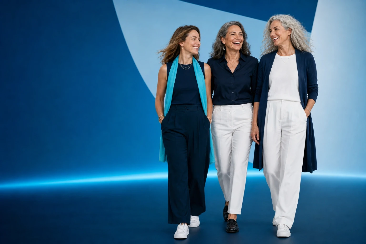 Three confident women across midlife walking together in a blue studio