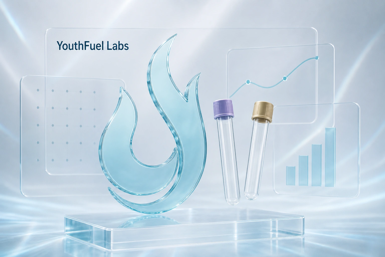 YouthFuel Labs glass mark beside two clear specimen tubes and transparent data charts